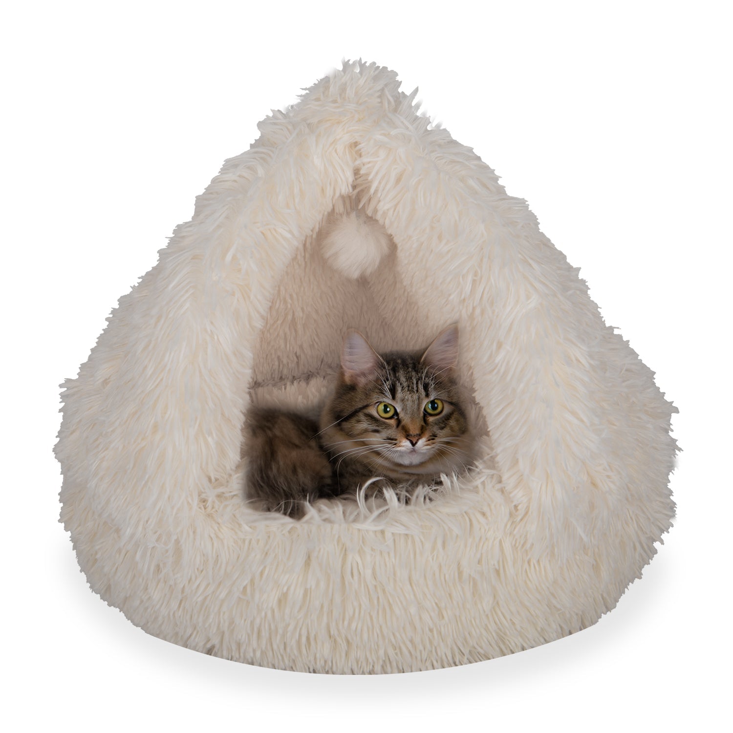Fluffy beige cat cave bed with soft faux fur, tabby cat inside, cozy pet furniture