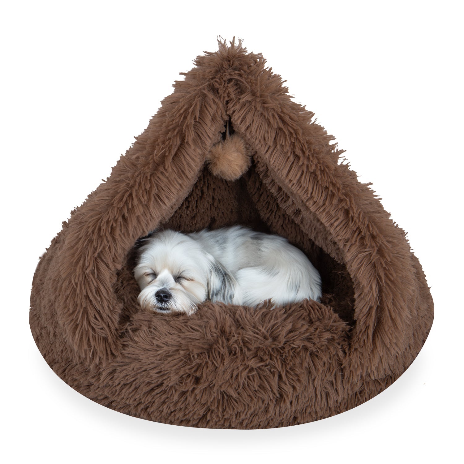 Small white dog sleeping in a cozy brown fluffy pet bed tent