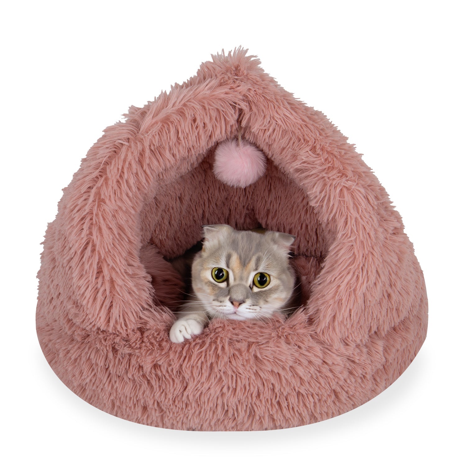 Gray cat resting inside a pink fluffy cat bed with a hanging pom-pom