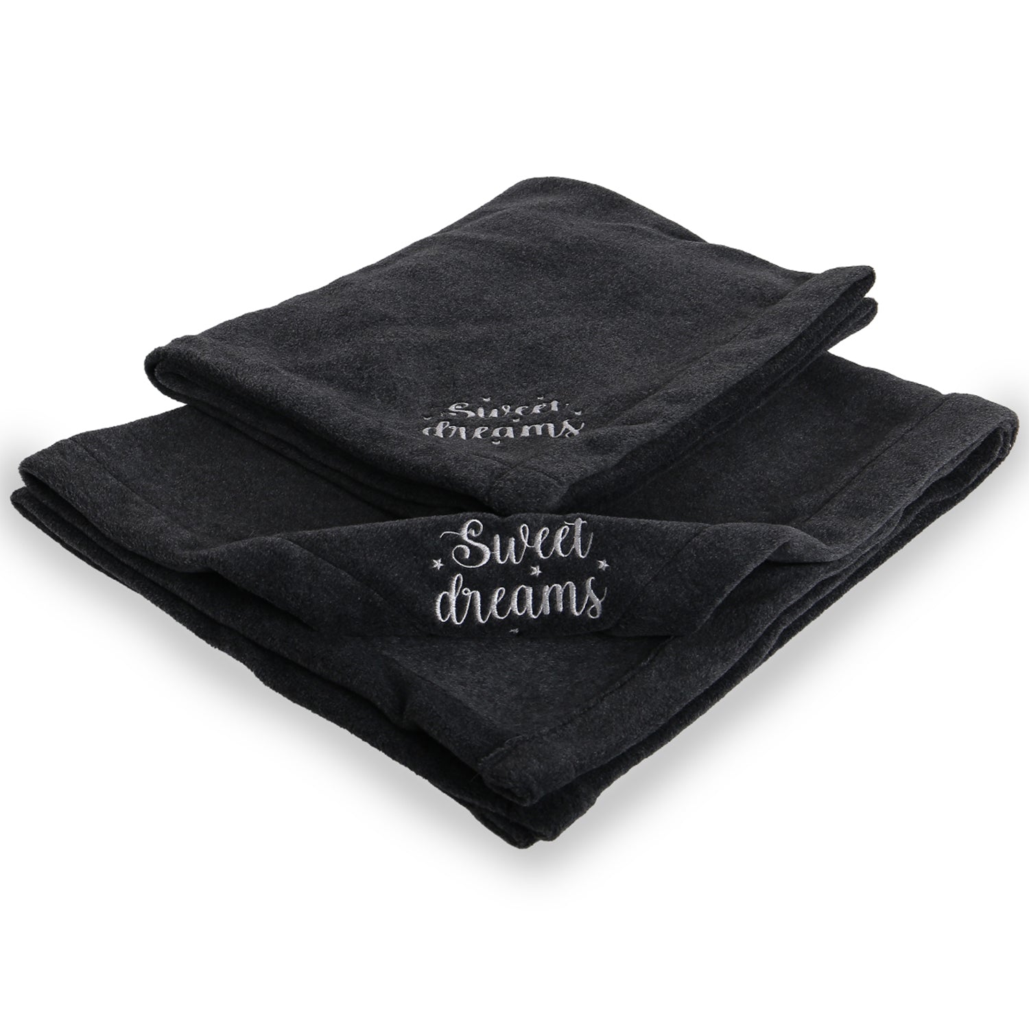 Soft anthracite fleece blanket with 'Sweet dreams' embroidered, cozy home textile