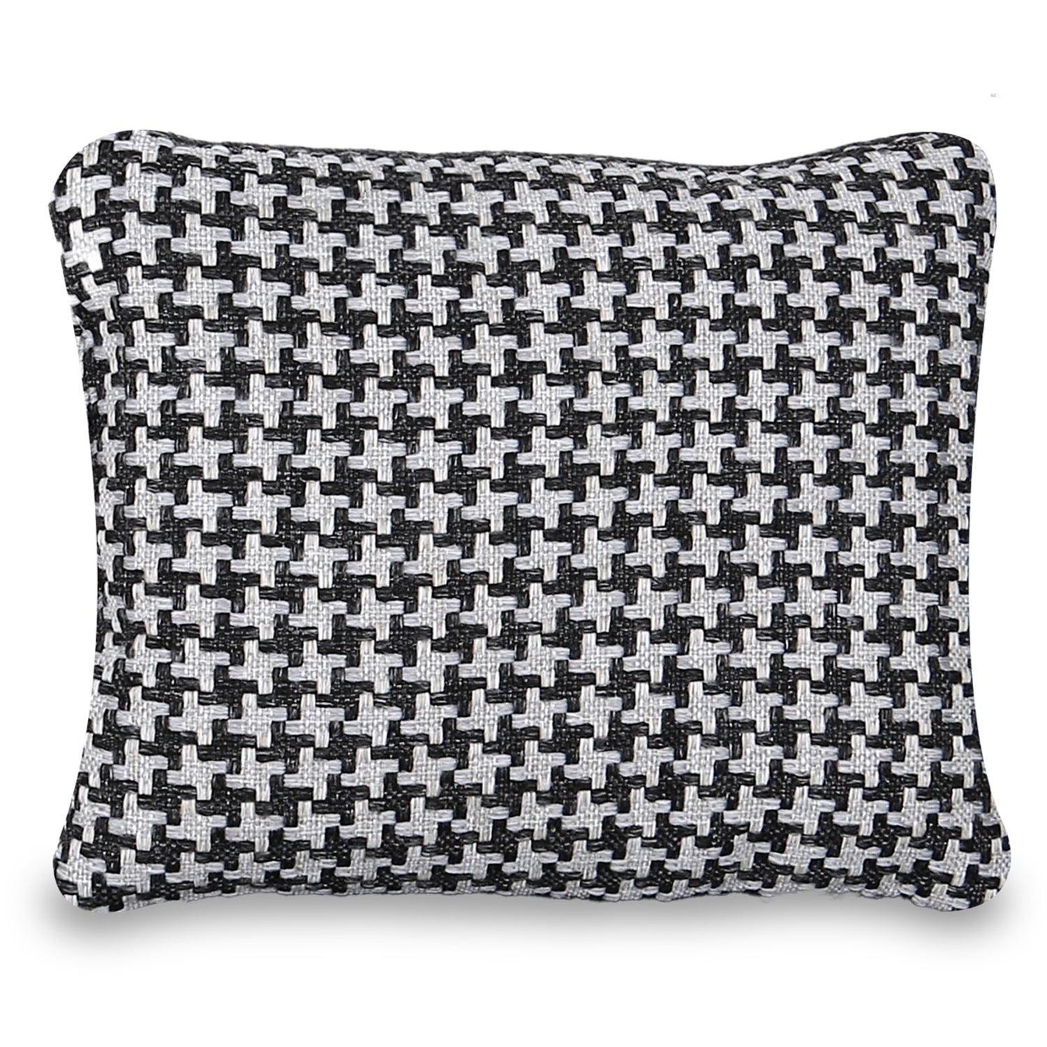 Rectangular cushion with black and white geometric woven pattern