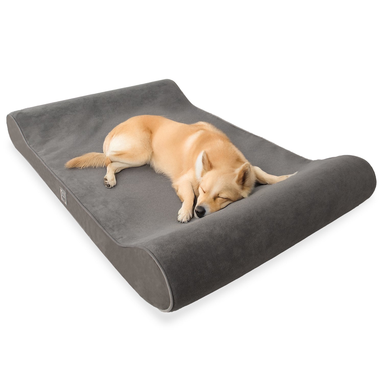 Dog sleeping on a large gray orthopedic pet bed with raised edges