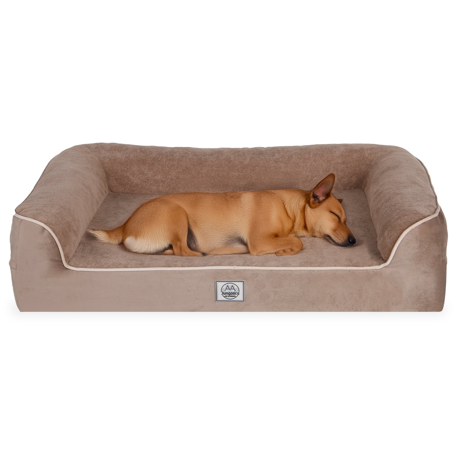 Brown dog sleeping on a rectangular brown orthopedic pet bed with raised sides