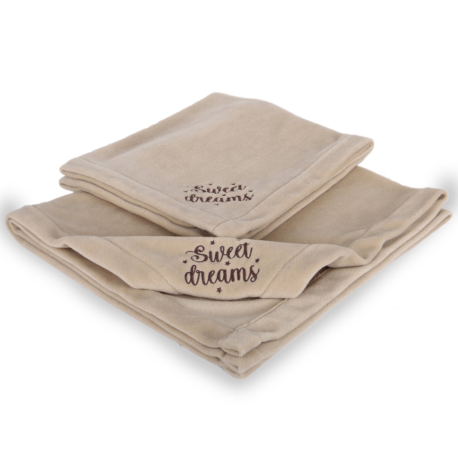 Beige fleece blankets with embroidered 'Sweet dreams' text, cozy home textiles