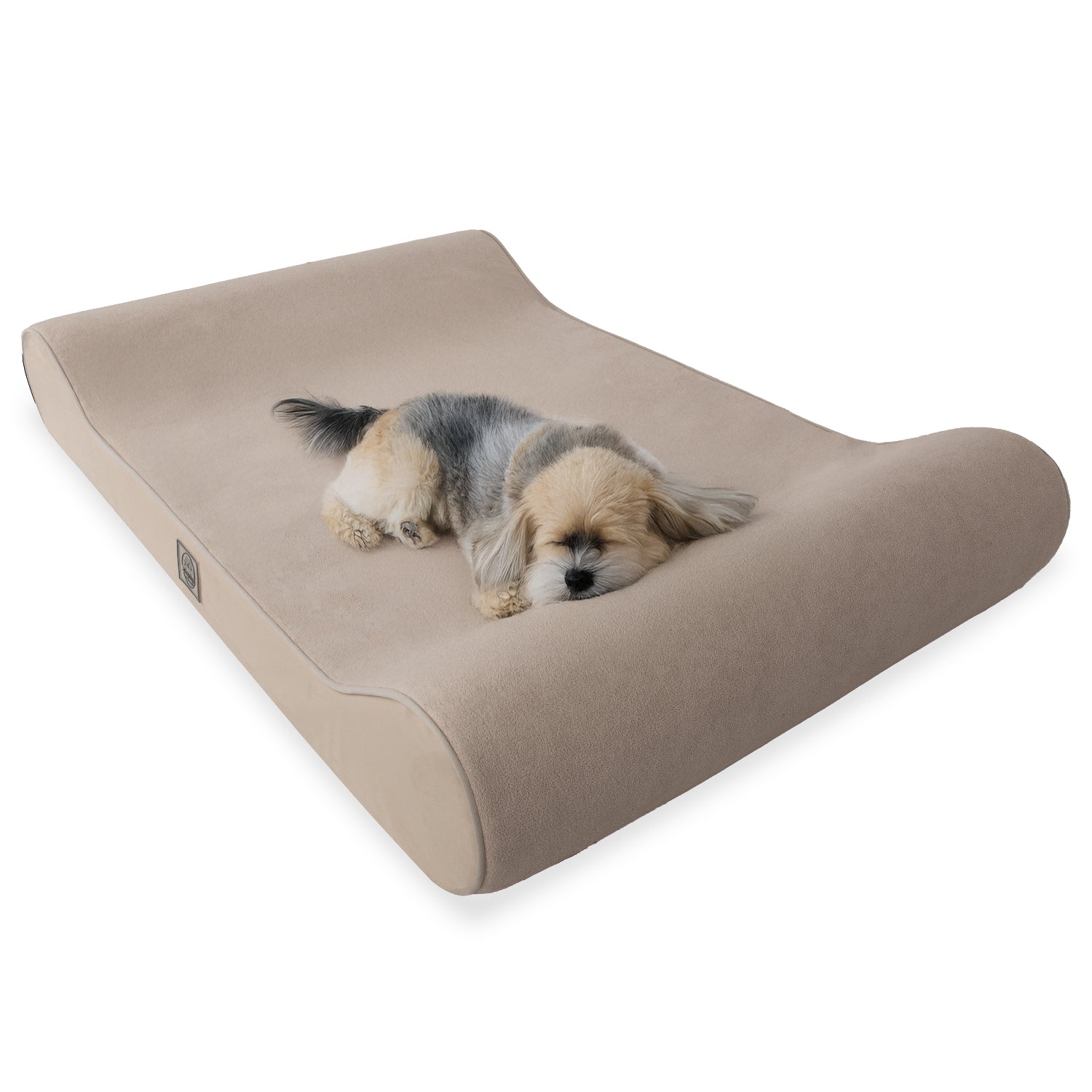 Small dog sleeping on a beige orthopedic pet bed with raised sides.