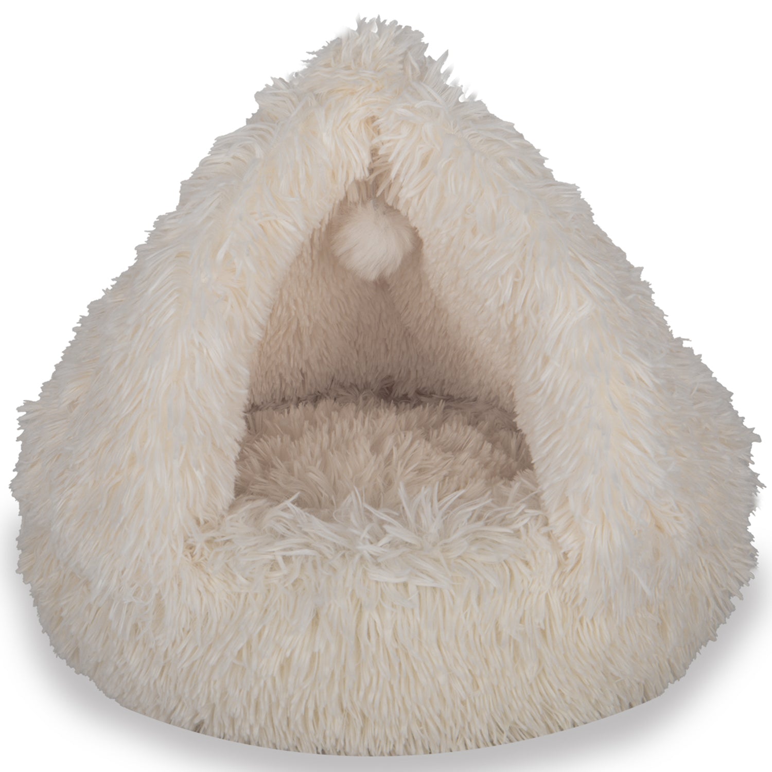 Cream fluffy triangular pet bed with soft cushion and pom-pom toy inside