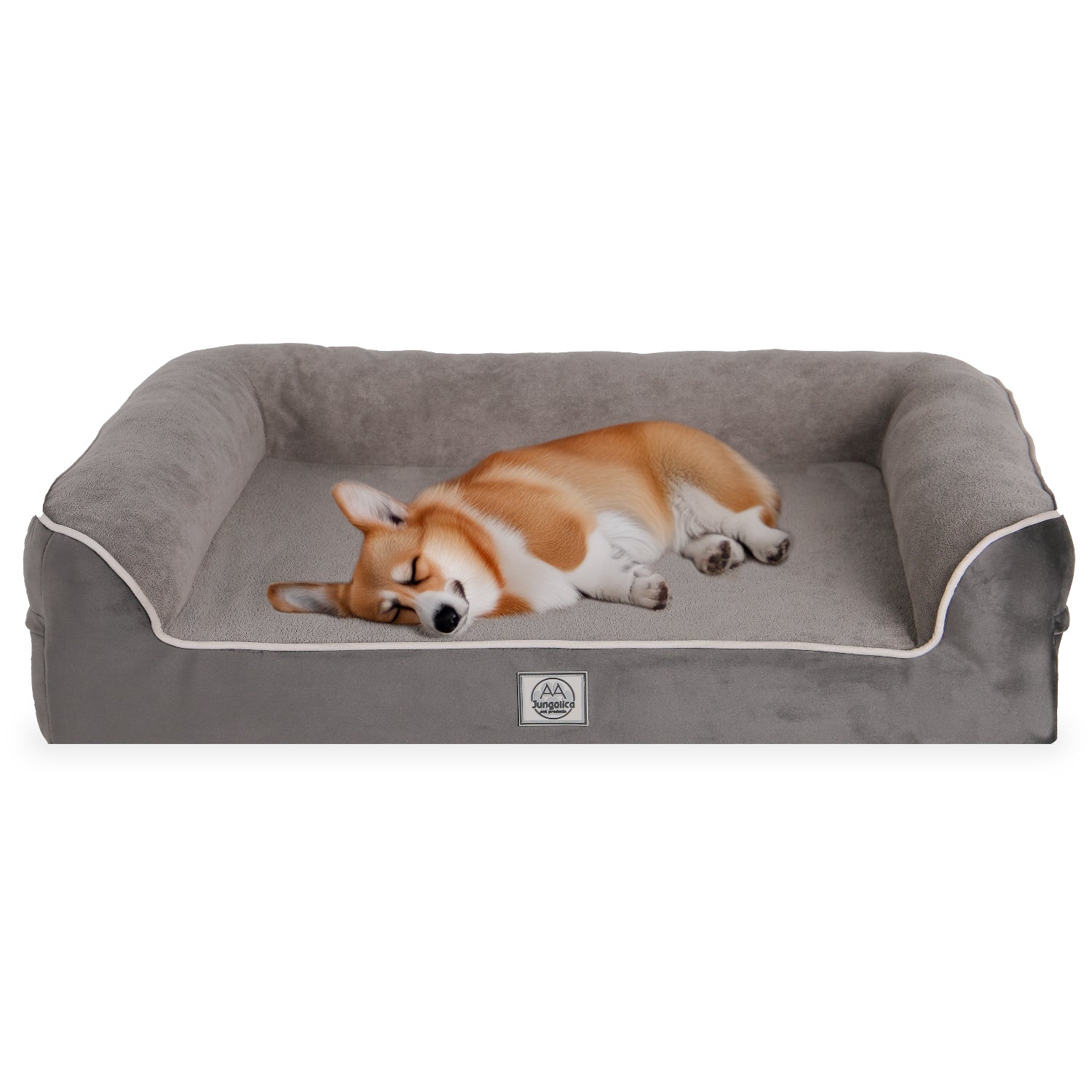Corgi dog sleeping on a gray plush rectangular pet bed with raised sides