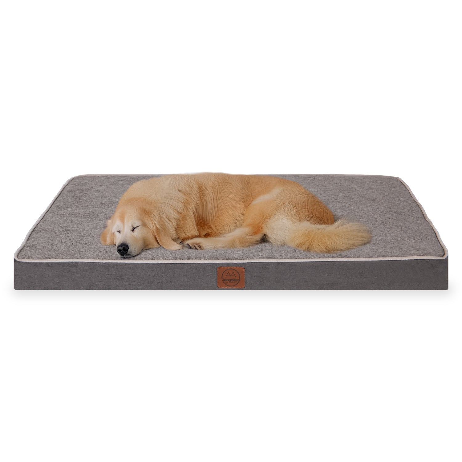 Golden retriever sleeping on a large gray orthopedic dog bed with soft fabric cover