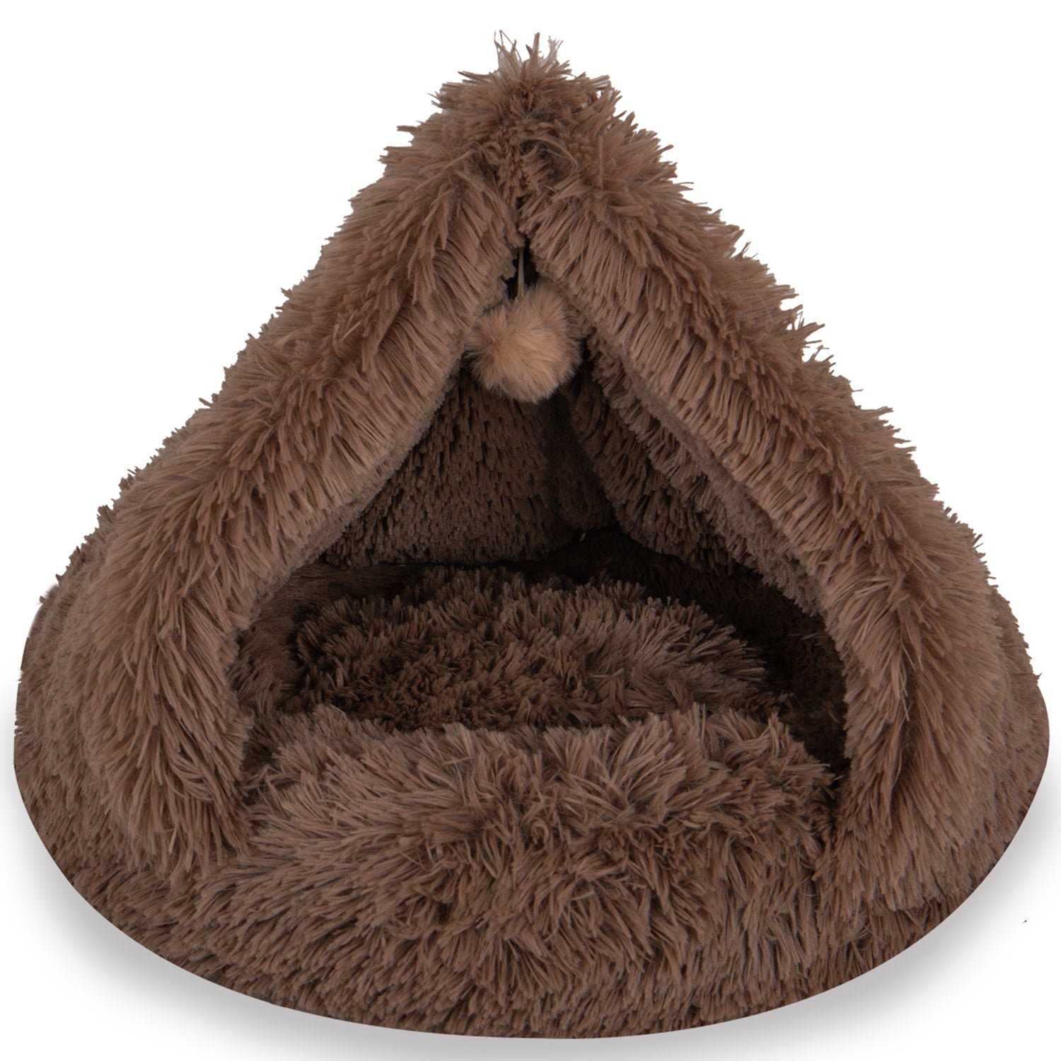 Brown fluffy pet cave bed with soft faux fur and hanging pompom, cozy indoor pet house