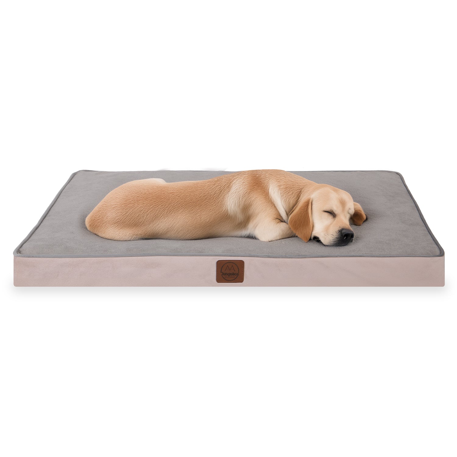 Yellow Labrador puppy sleeping on a soft, rectangular pink and gray pet bed.