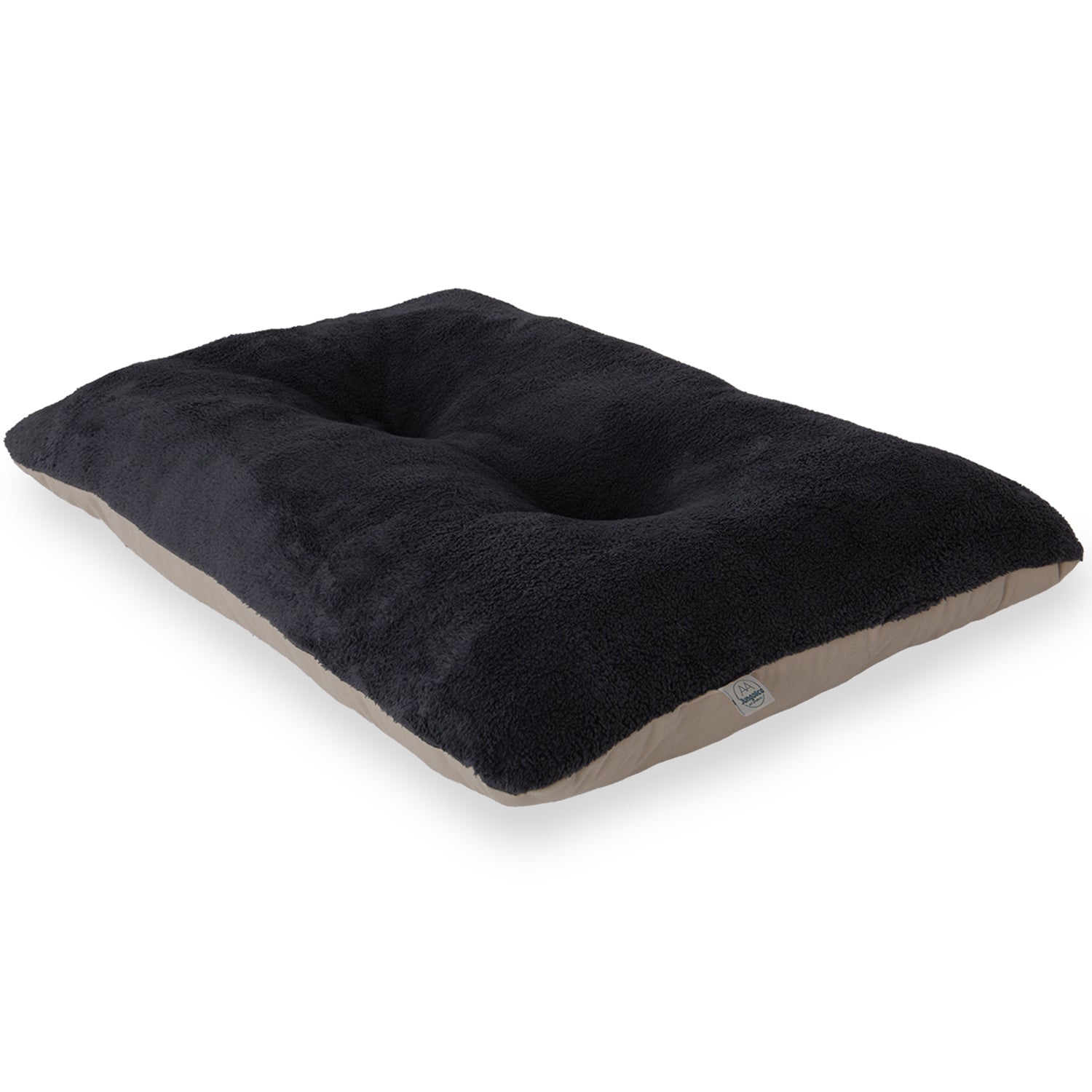 Rectangular black and beige plush pet bed with soft fleece texture on white background