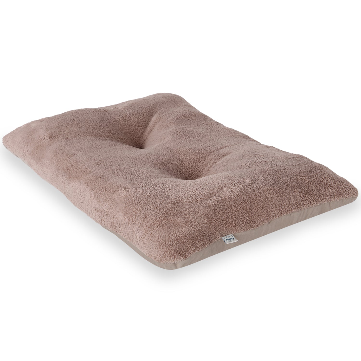 Soft rectangular beige sherpa pet bed with plush texture on white background