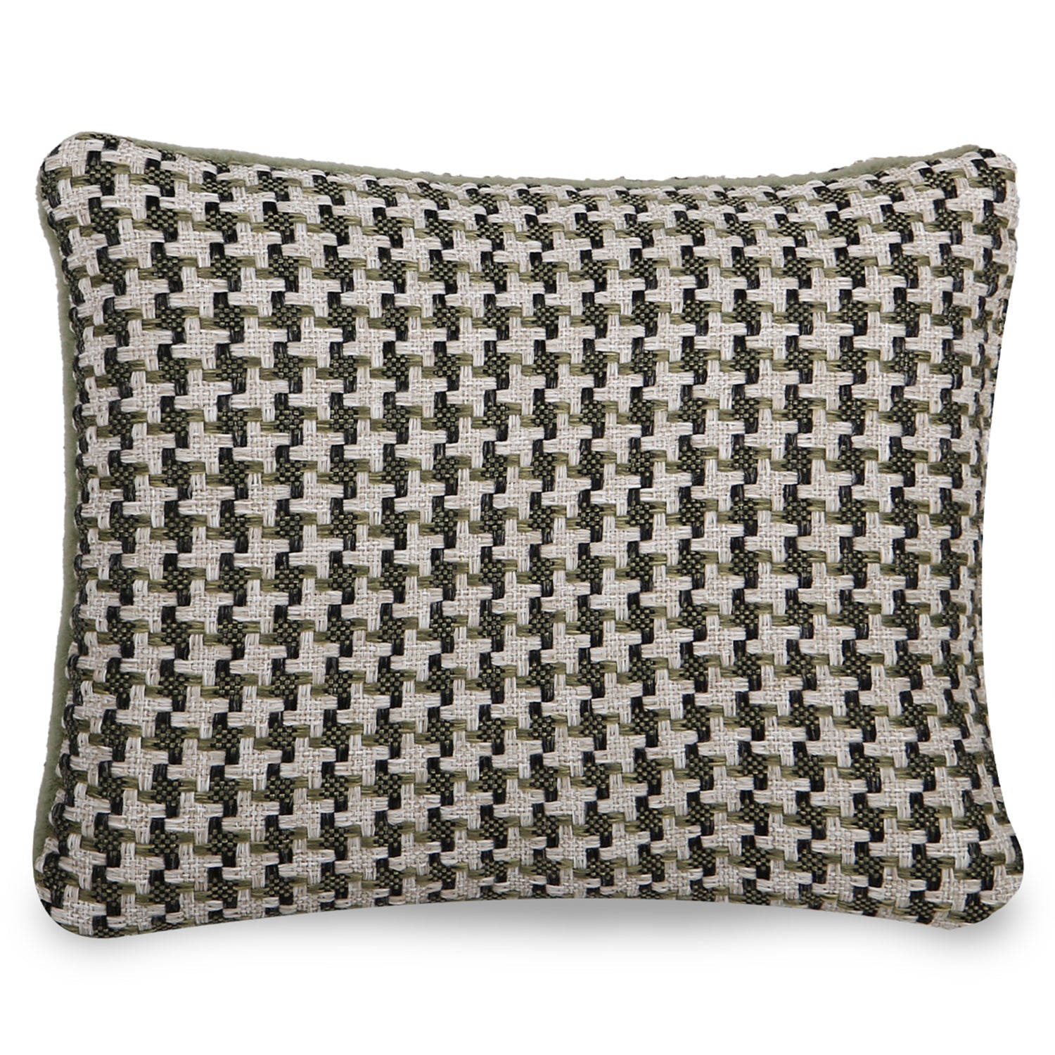 Decorative cushion with black and beige woven geometric pattern