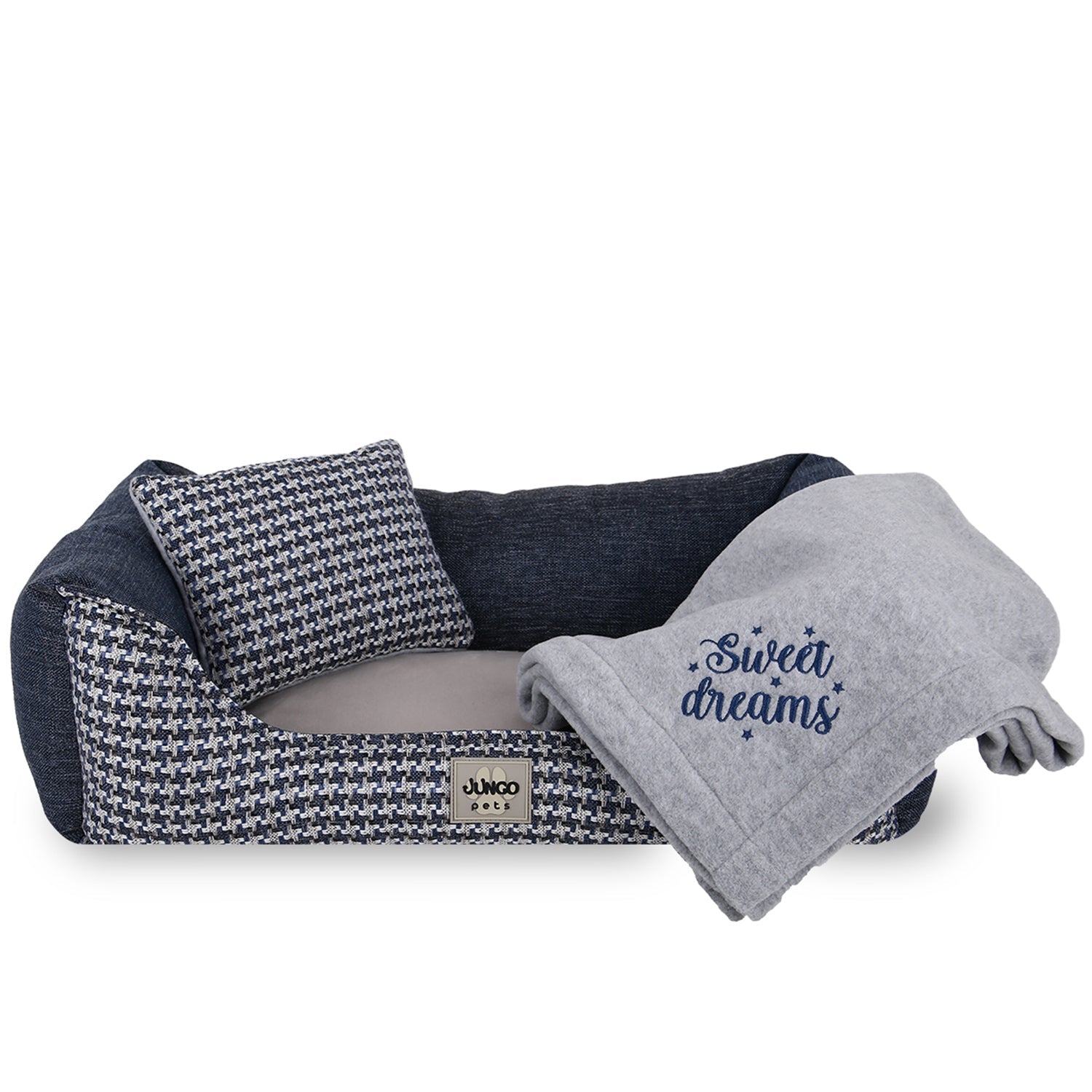 Blue patterned dog bed with matching pillow and gray fleece blanket reading 'Sweet dreams'.