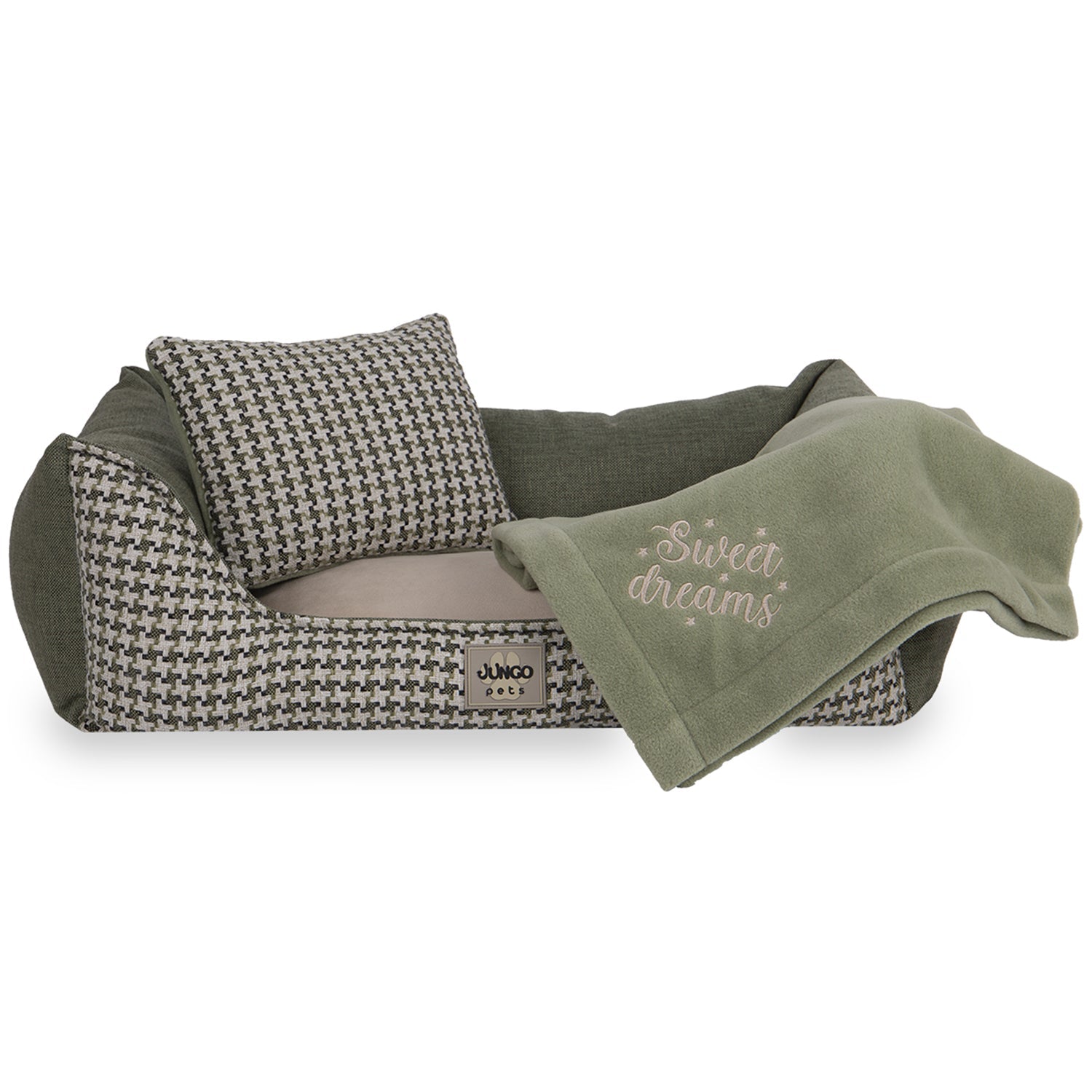 Green and houndstooth dog bed set with cushion and 'Sweet dreams' fleece blanket