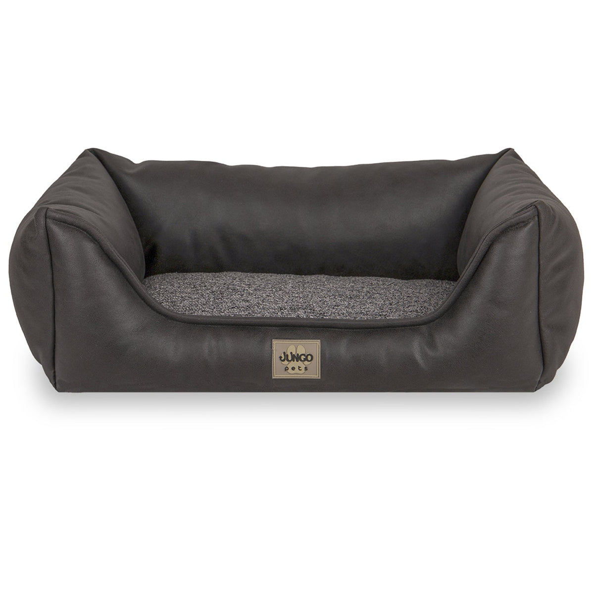 Dark gray rectangular pet bed with soft fabric base and raised sides