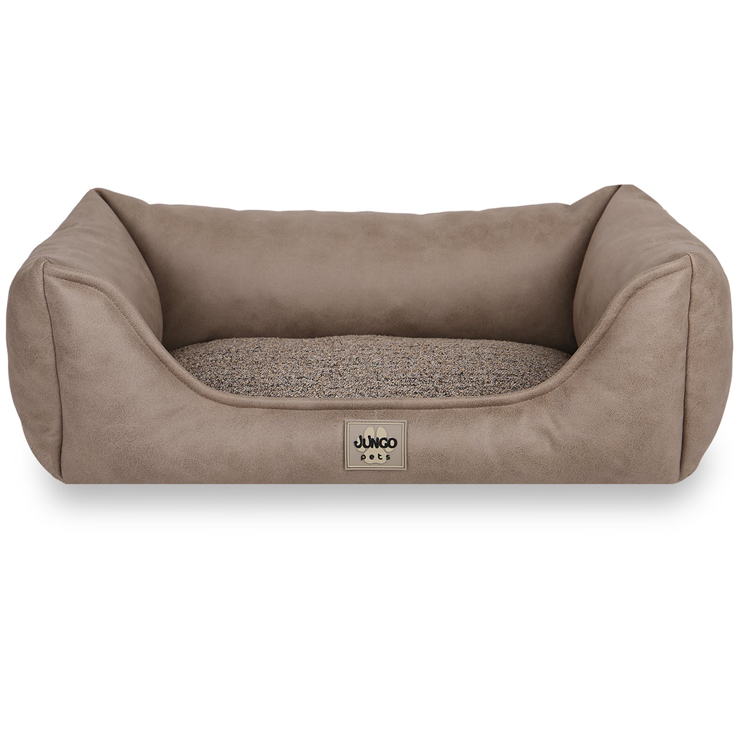 Beige rectangular pet bed with high sides and textured cushion, front logo label visible.