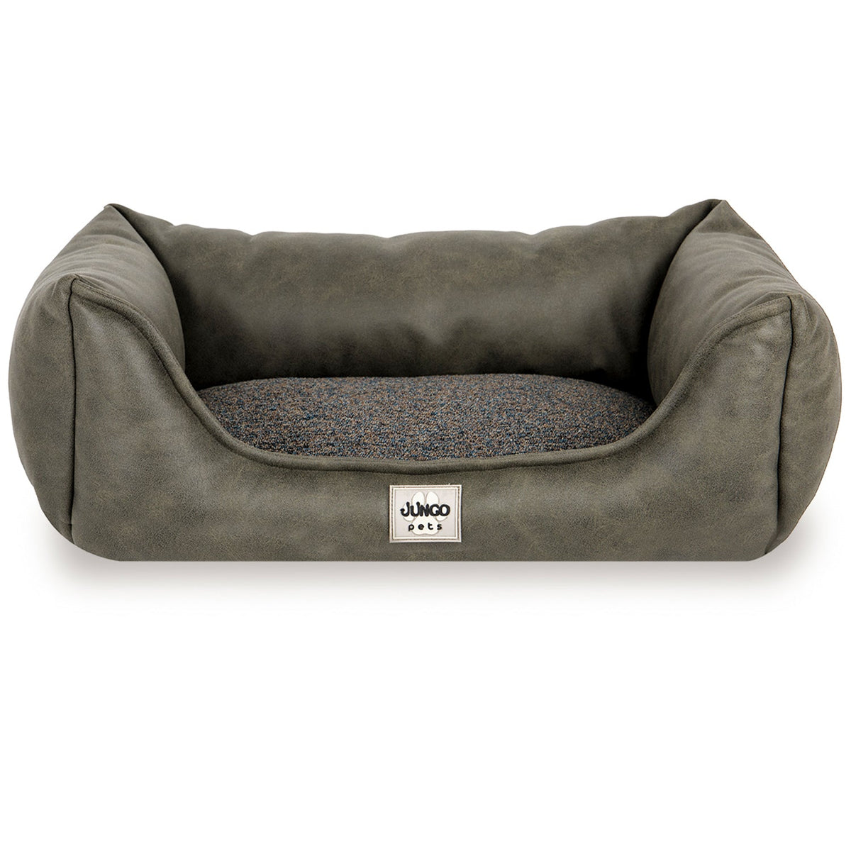 Rectangular olive green pet bed with high sides and a textured cushion center