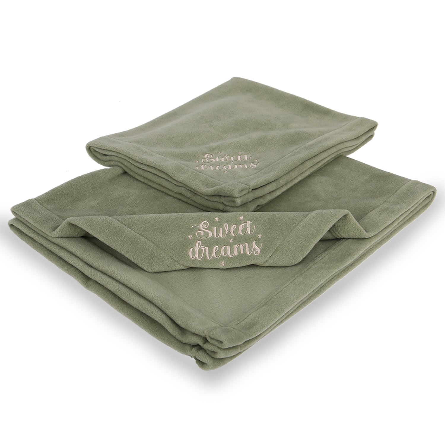 Sage green fleece blankets with embroidered 'Sweet dreams' text, soft and cozy bedding