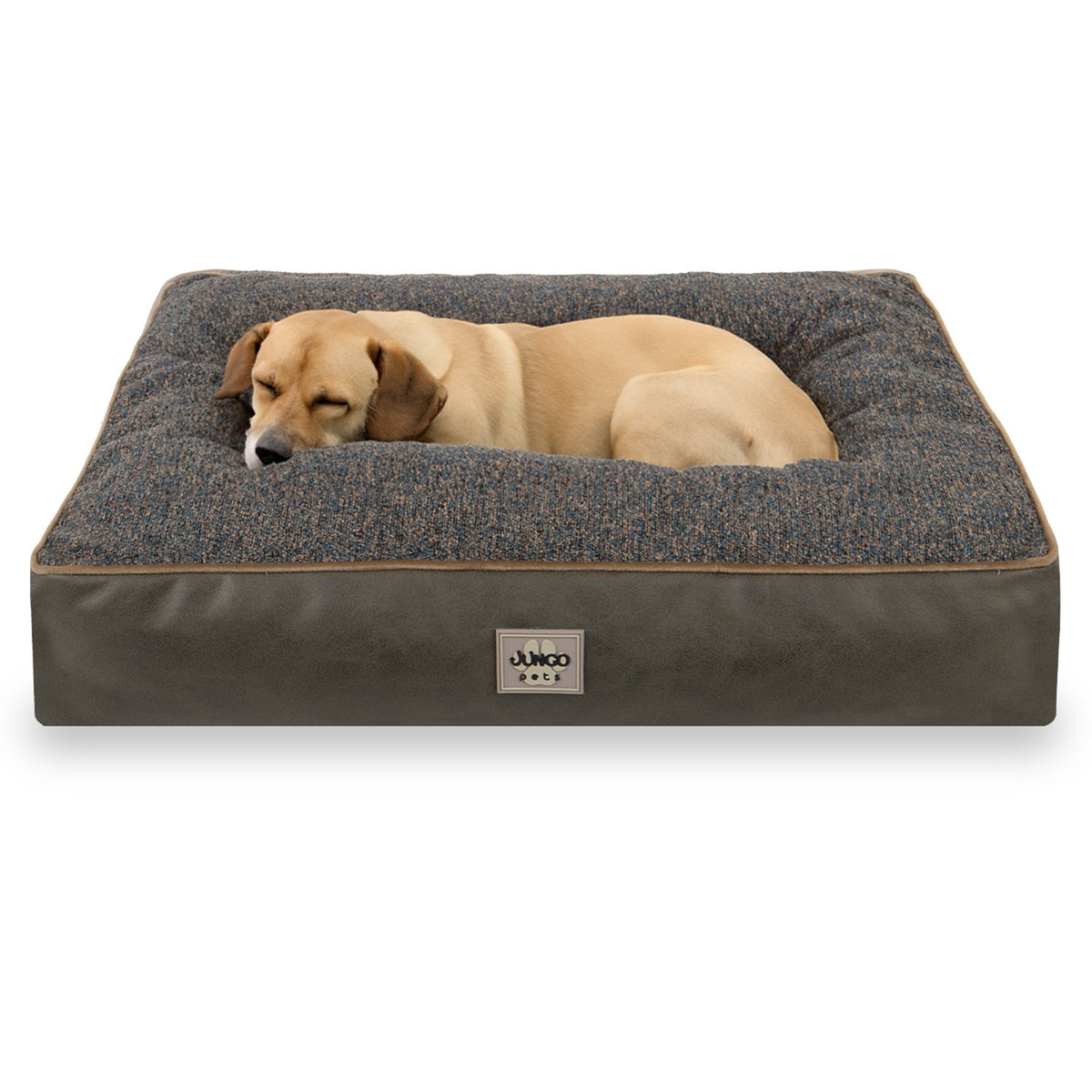 Dog sleeping on a rectangular grey and blue orthopedic pet bed with fabric texture.