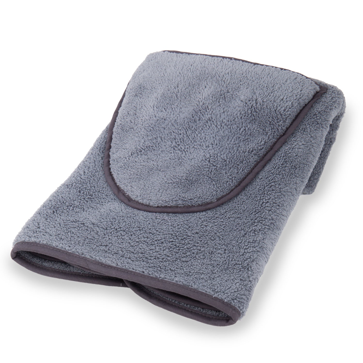 Folded gray microfiber towel with dark trim on a white background