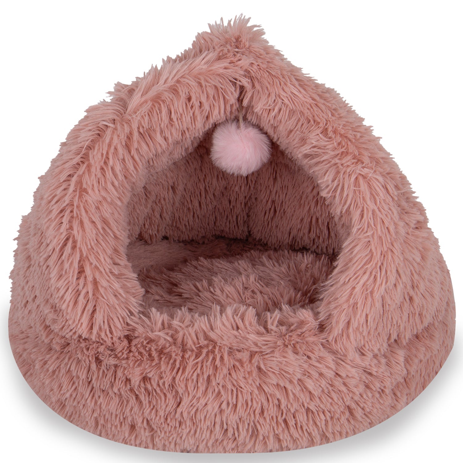 Pink fluffy cat or small dog cave bed with pompom toy inside