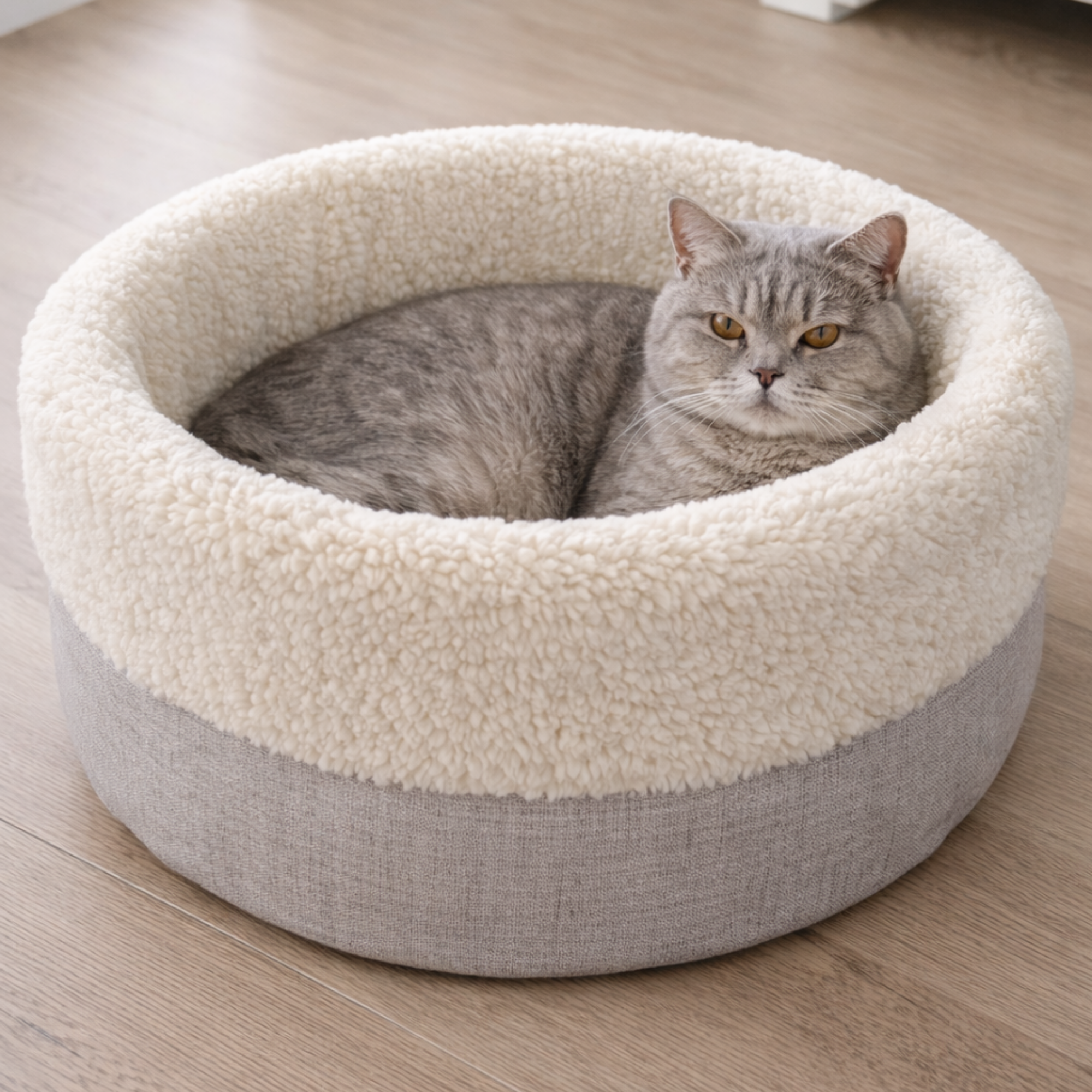 Gray cat resting in a round, plush sherpa and fabric pet bed on wood floor