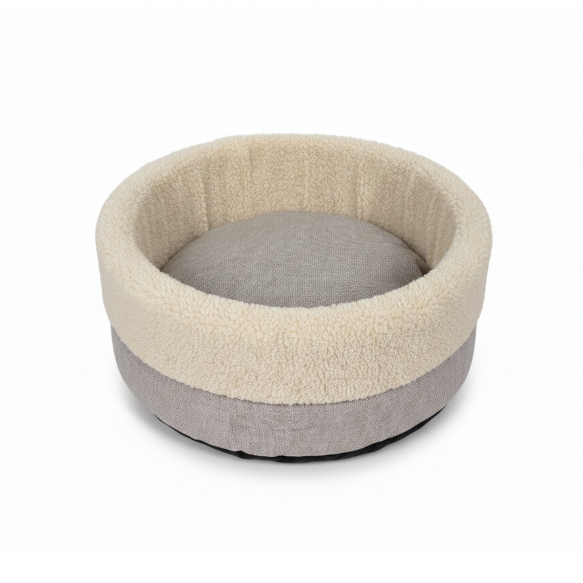 Round beige and gray plush pet bed with soft fleece lining on white background