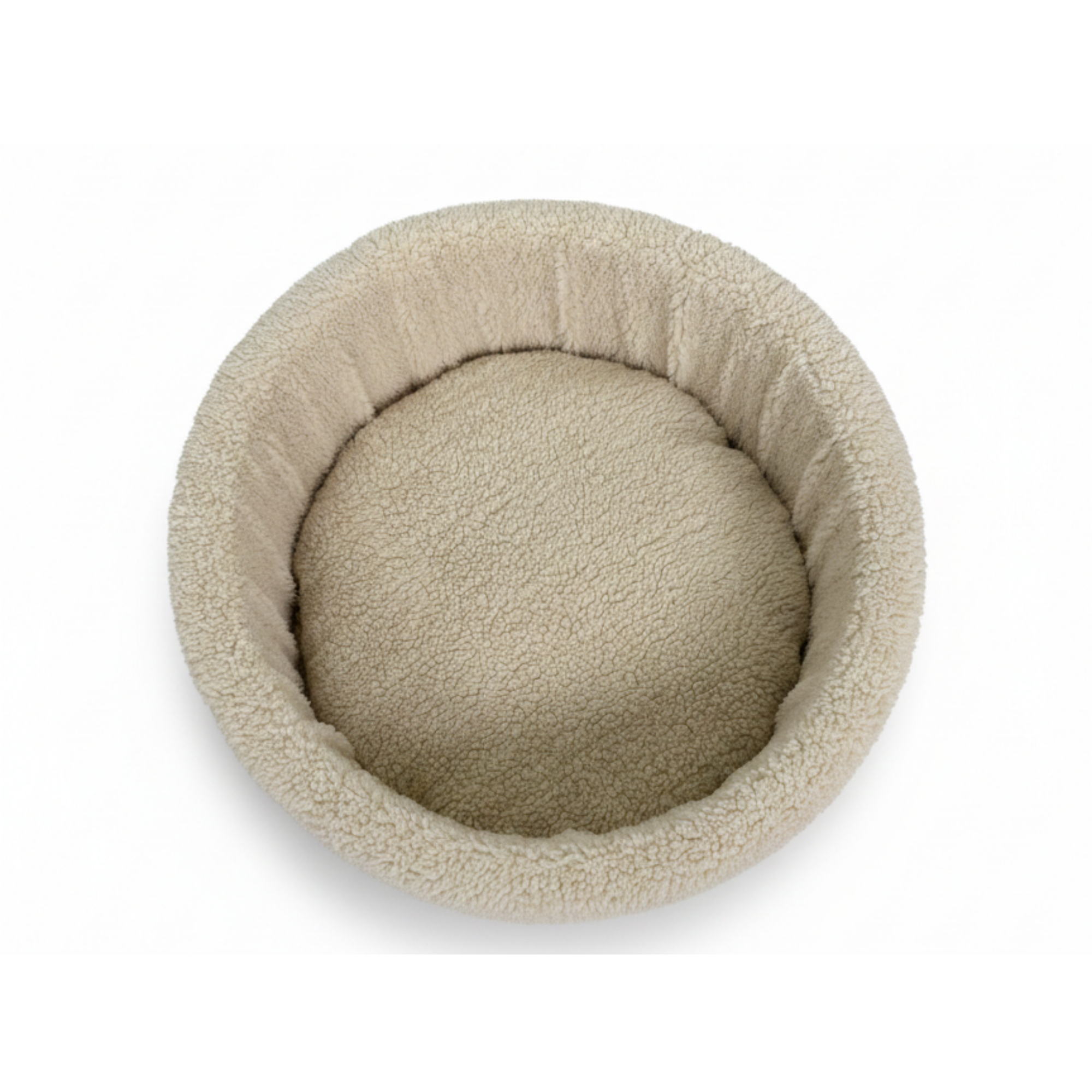 Round beige sherpa pet bed with plush texture on white background