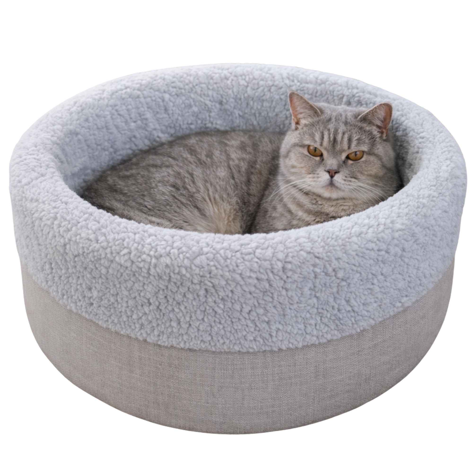 Gray cat resting in round plush pet bed with soft light gray fleece lining