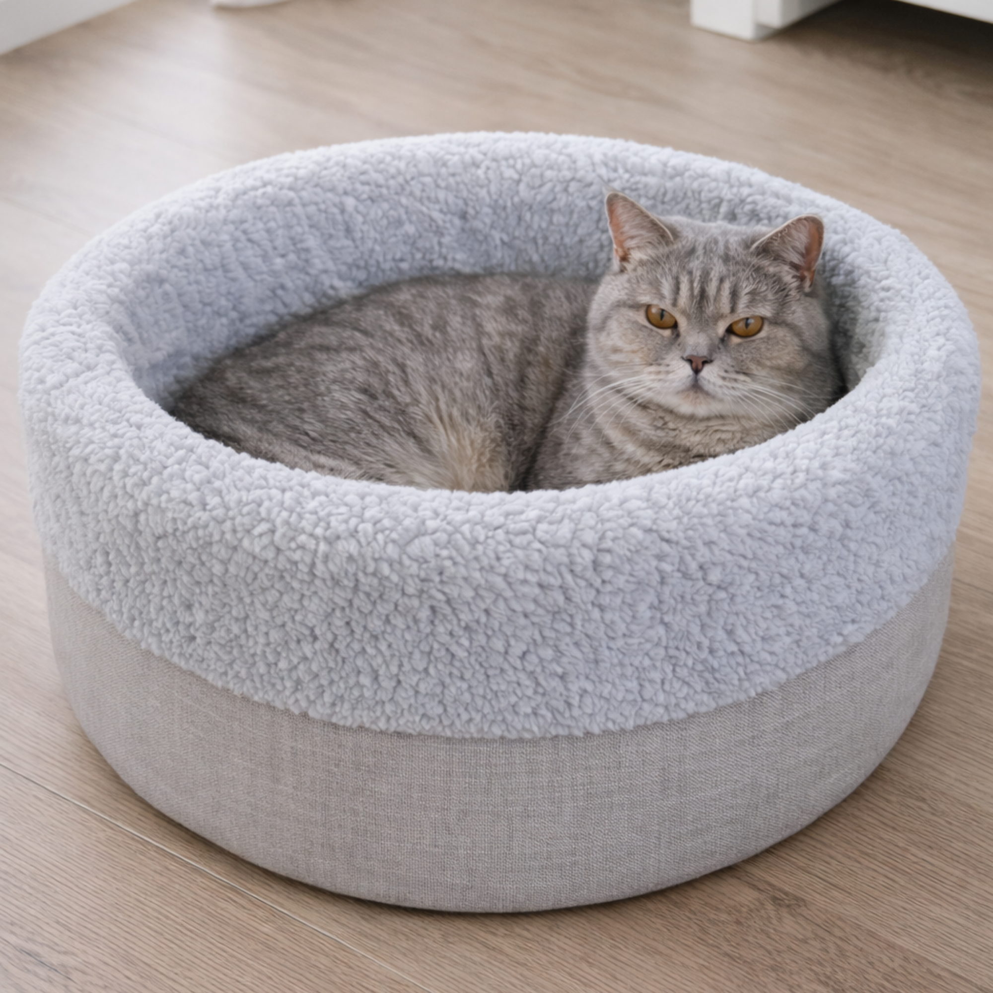 Gray cat resting in a round plush pet bed on wooden floor
