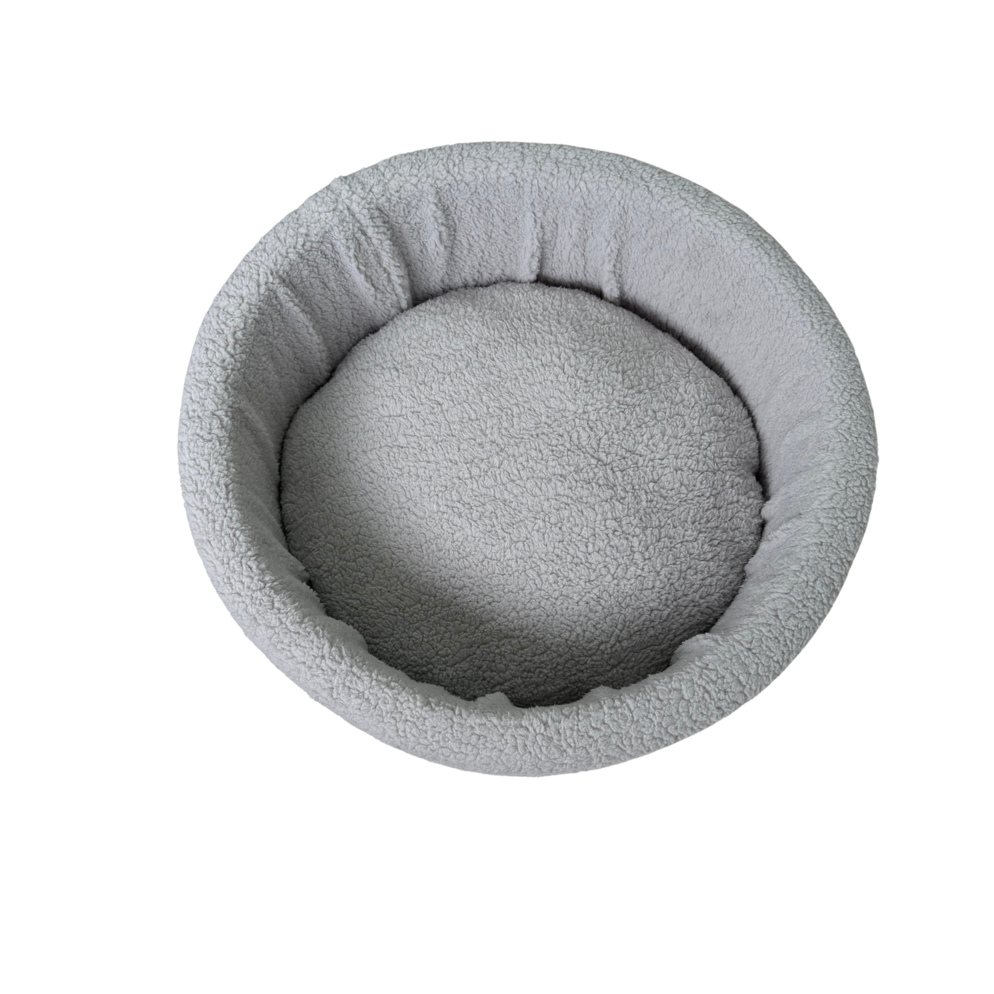round light gray plush pet bed with raised edge on white background