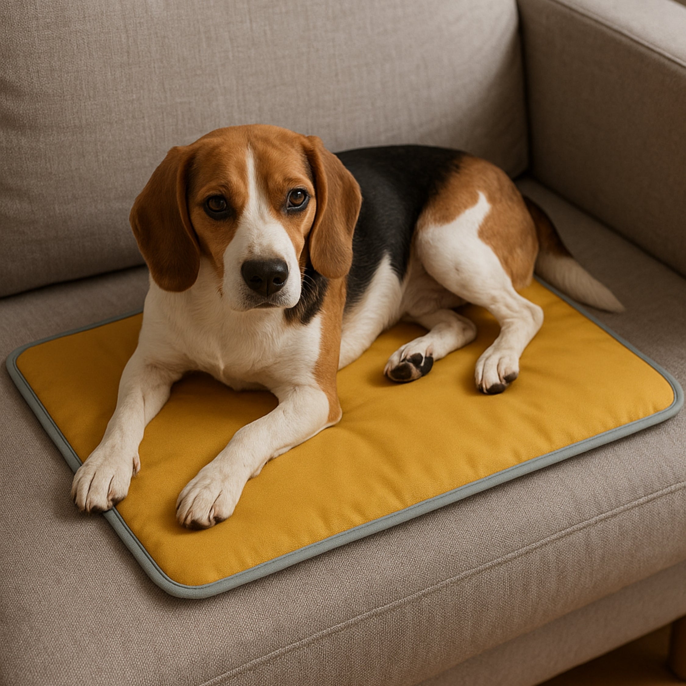 Beagle dog lying on yellow pet mat on beige fabric sofa