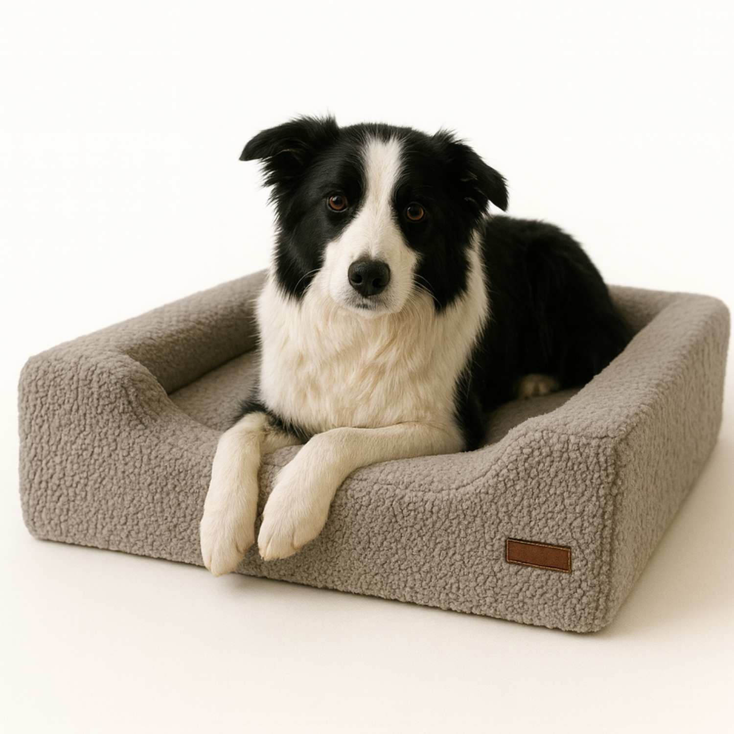 Black and white dog lying on a soft gray sherpa dog bed with raised edges.