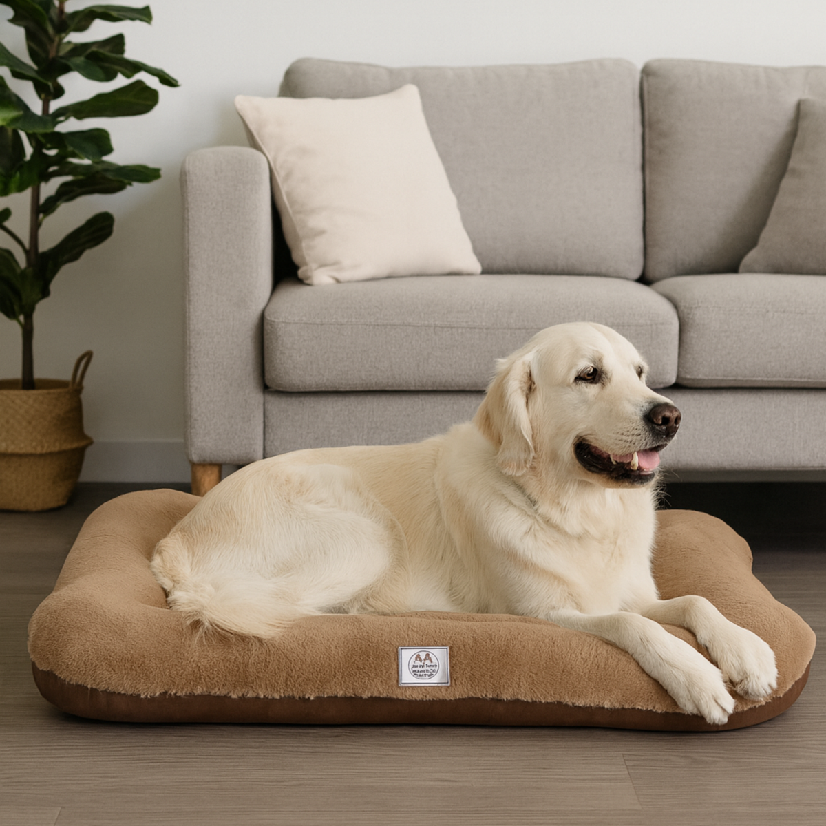 Golden retriever lying on a plush brown dog bed in a cozy living room with sofa and plant