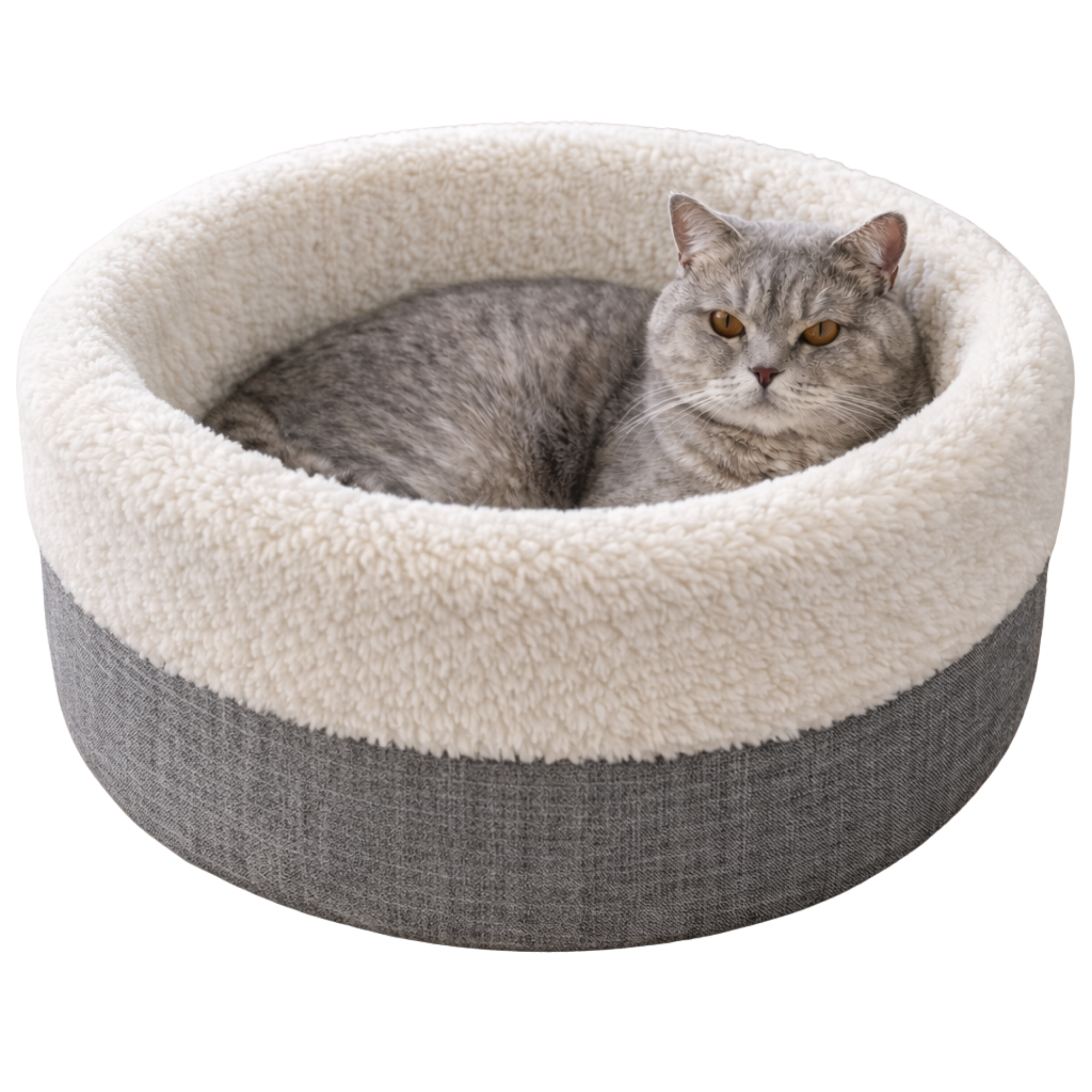 Gray cat resting in a round plush pet bed with soft fleece lining