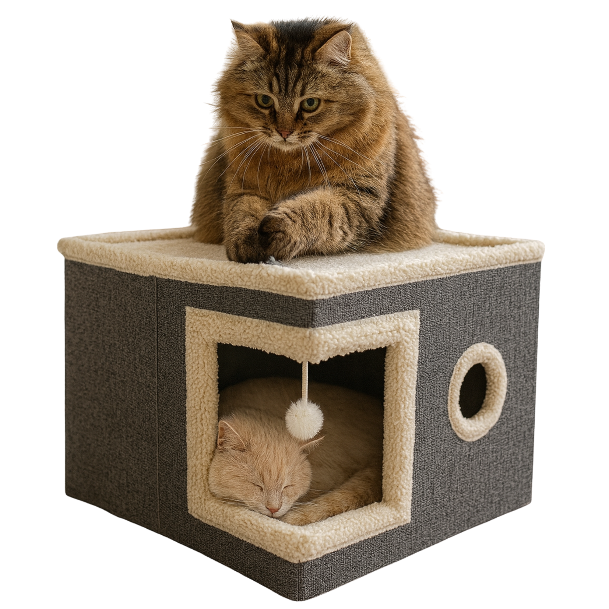 Two cats on modern gray and beige cat house, one sleeping inside, one sitting on top