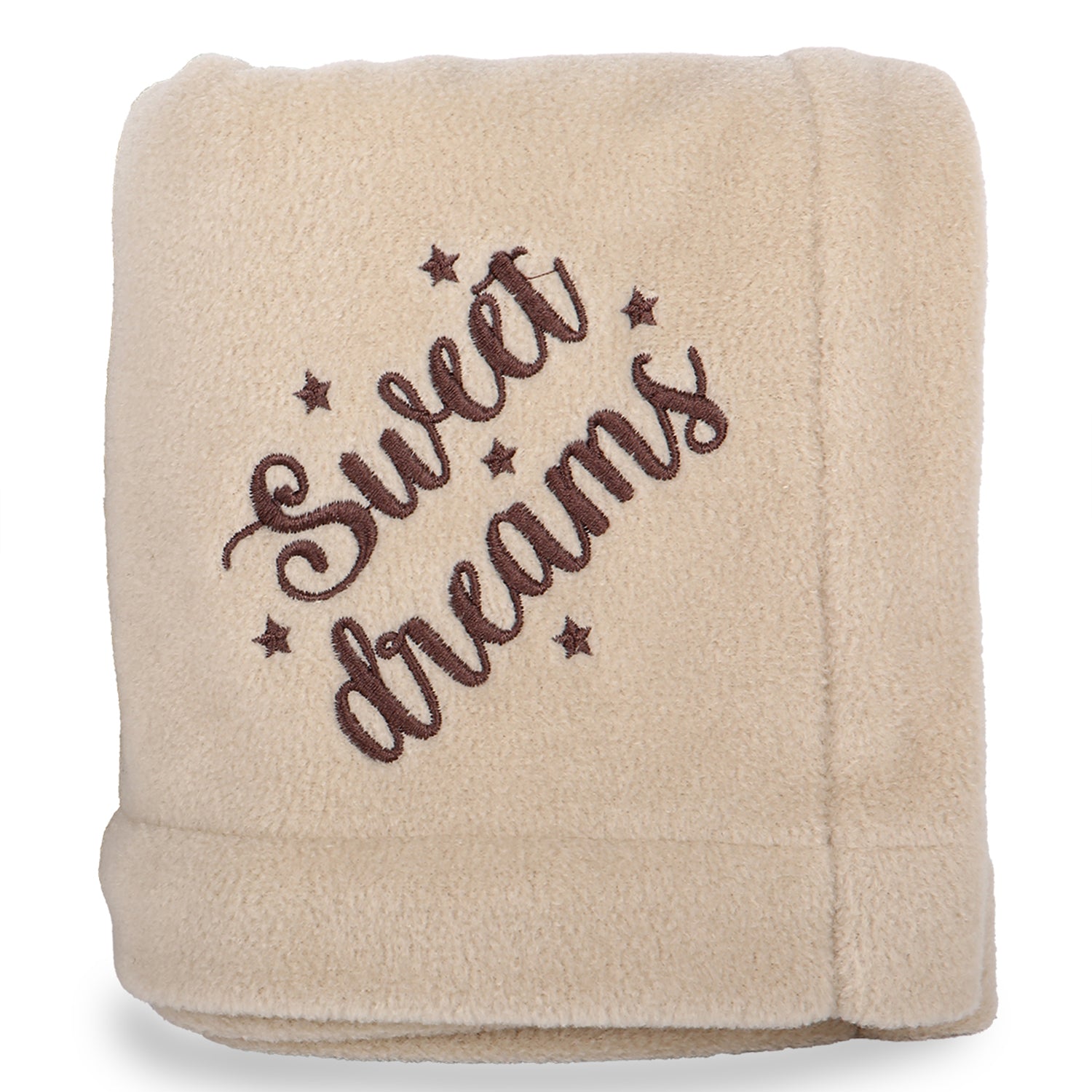 Beige fleece blanket with 'Sweet dreams' embroidered and star accents, folded neatly