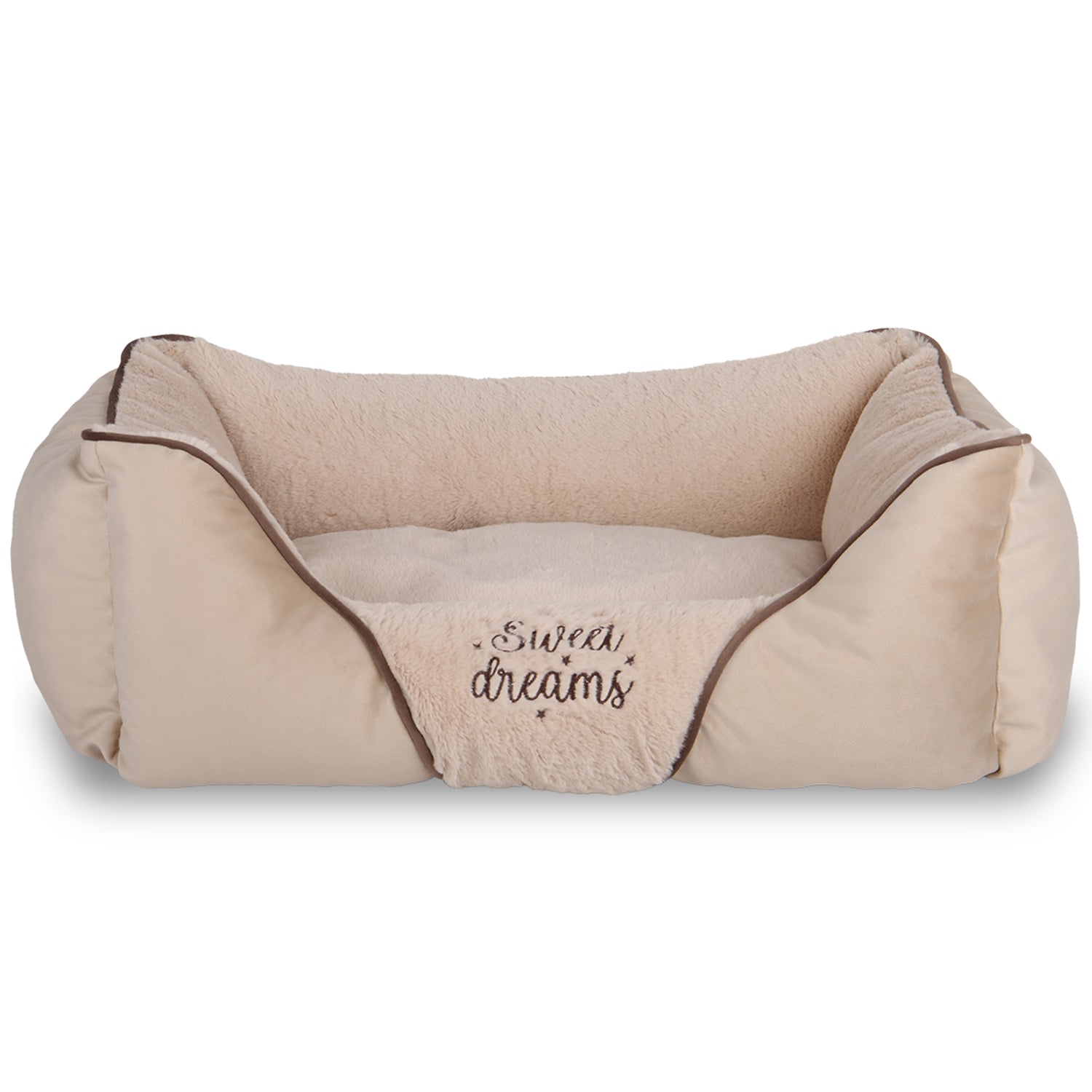 Beige plush pet bed with high sides and 'Sweet dreams' embroidered on the front.