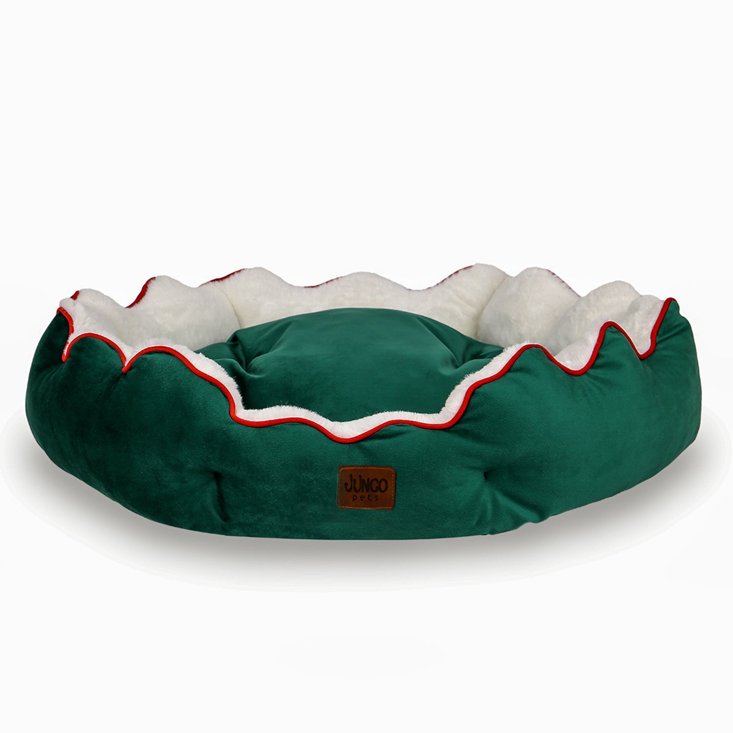 Plush green Christmas-themed pet bed with red trim and white fleece lining
