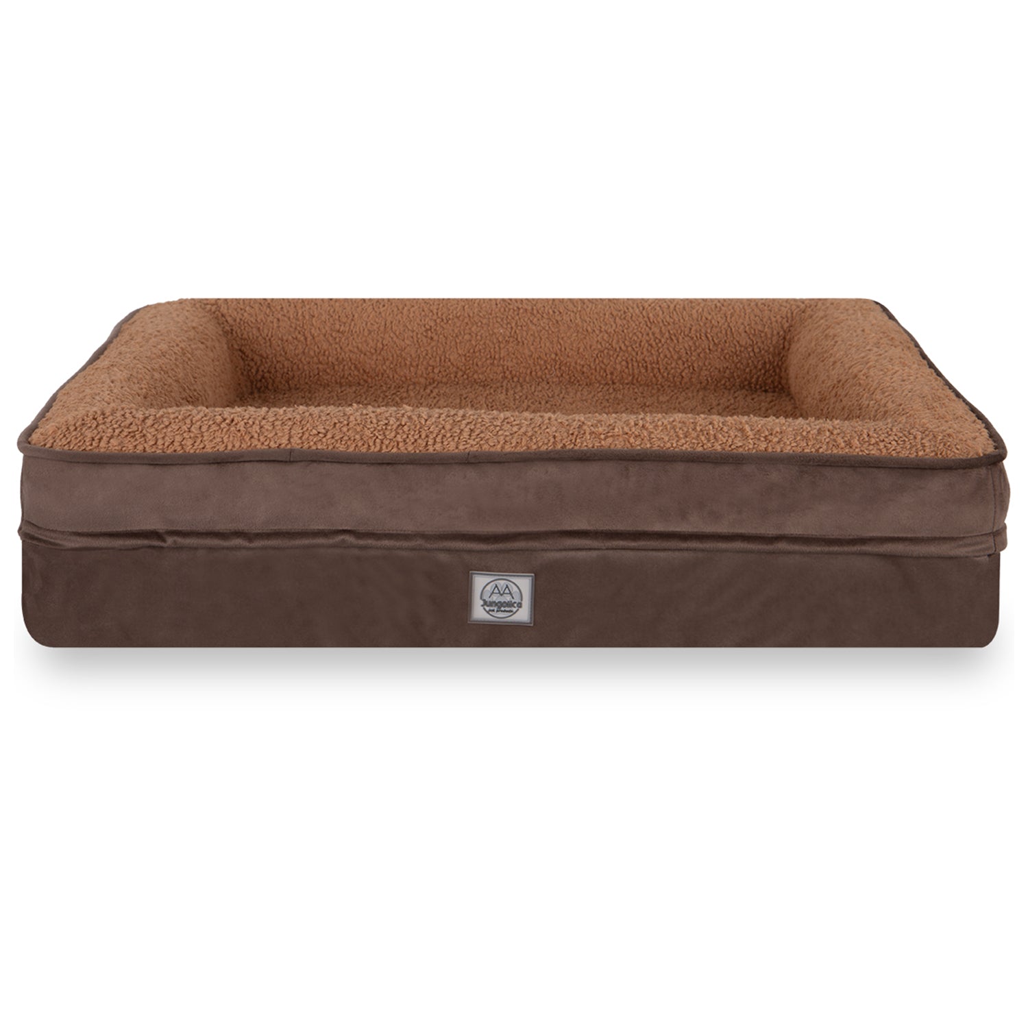 Brown rectangular plush pet bed with raised sides and soft fleece interior.