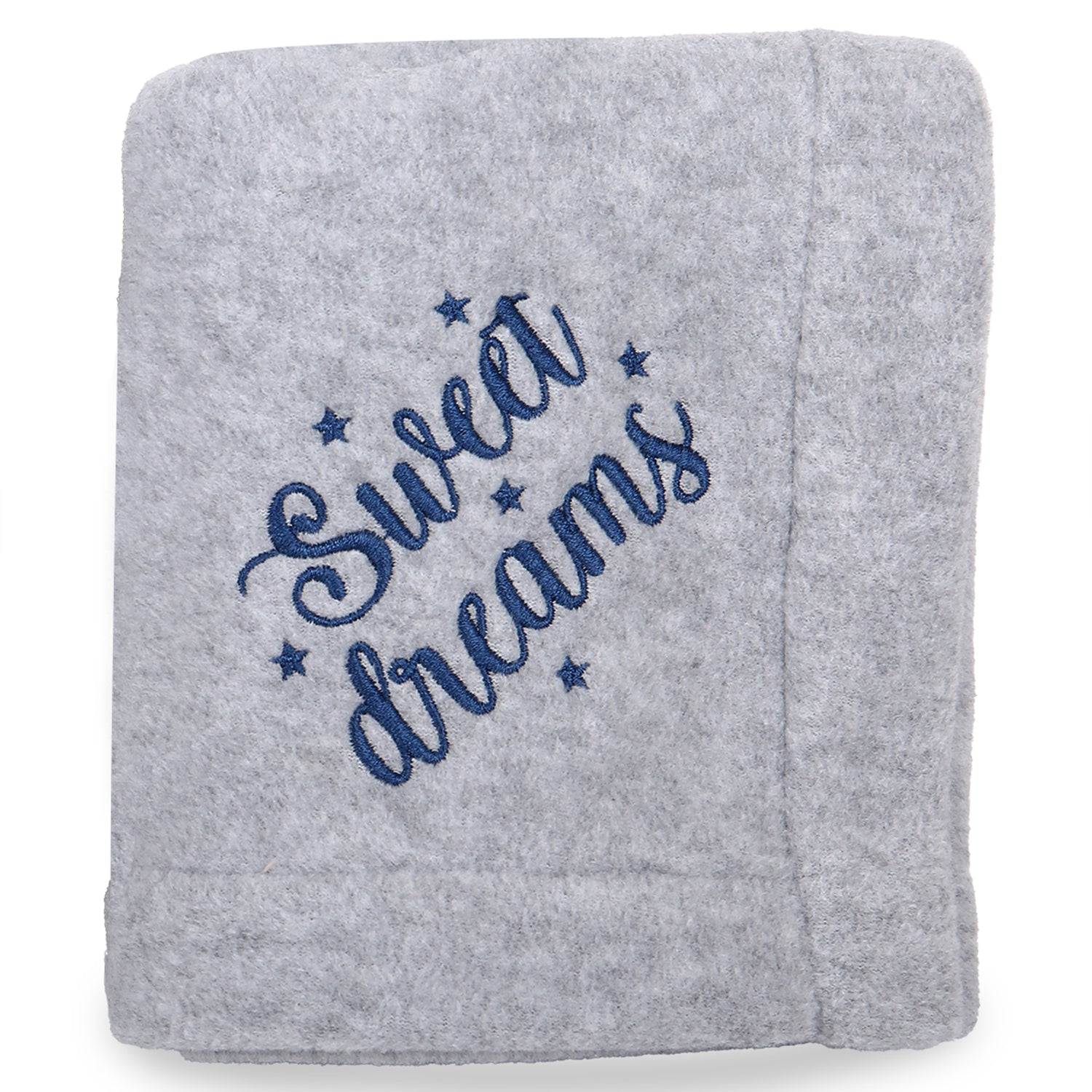Grey fleece blanket with 'Sweet dreams' and stars embroidered in blue thread