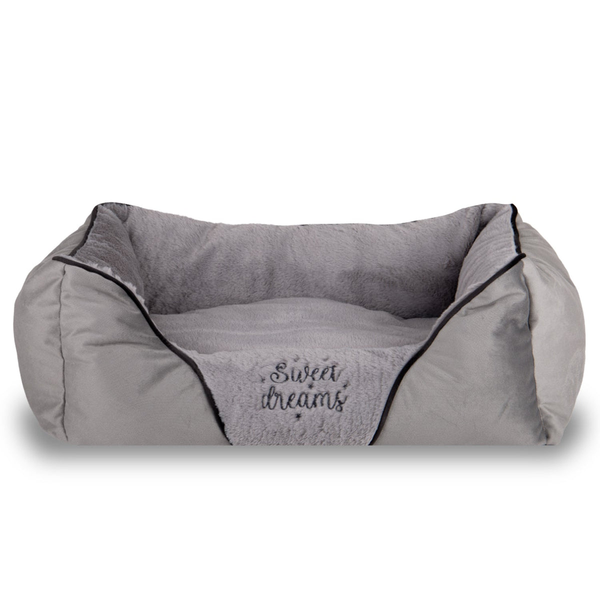 Plush gray pet bed with high sides and 'sweet dreams' embroidered on soft fabric front