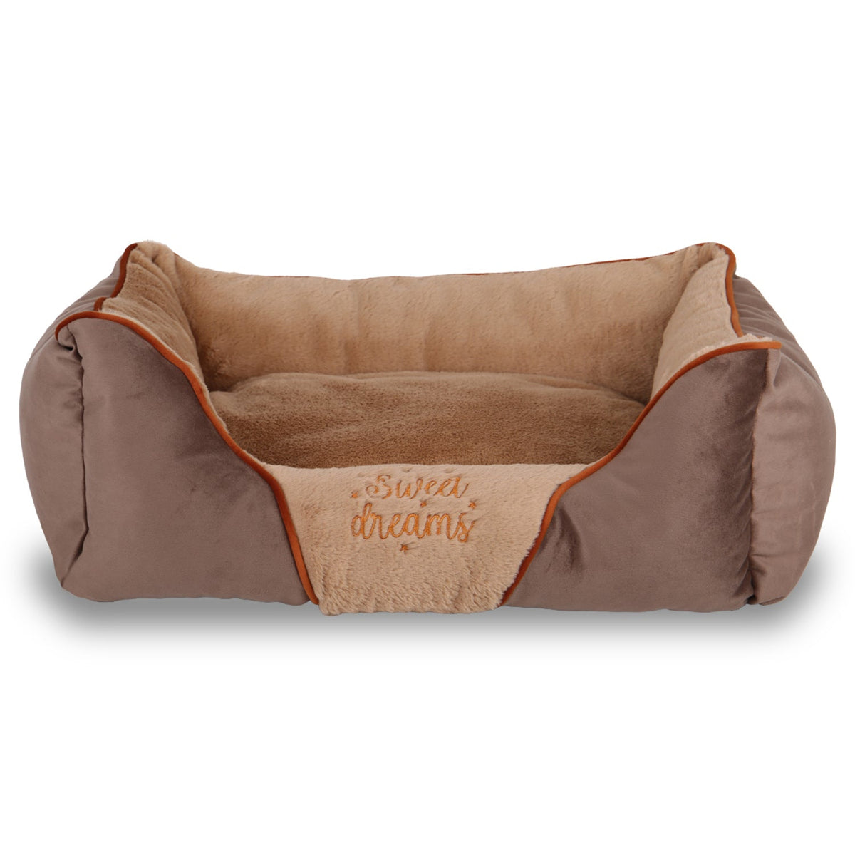 Brown plush pet bed with 'Sweet dreams' embroidery, cozy fleece interior