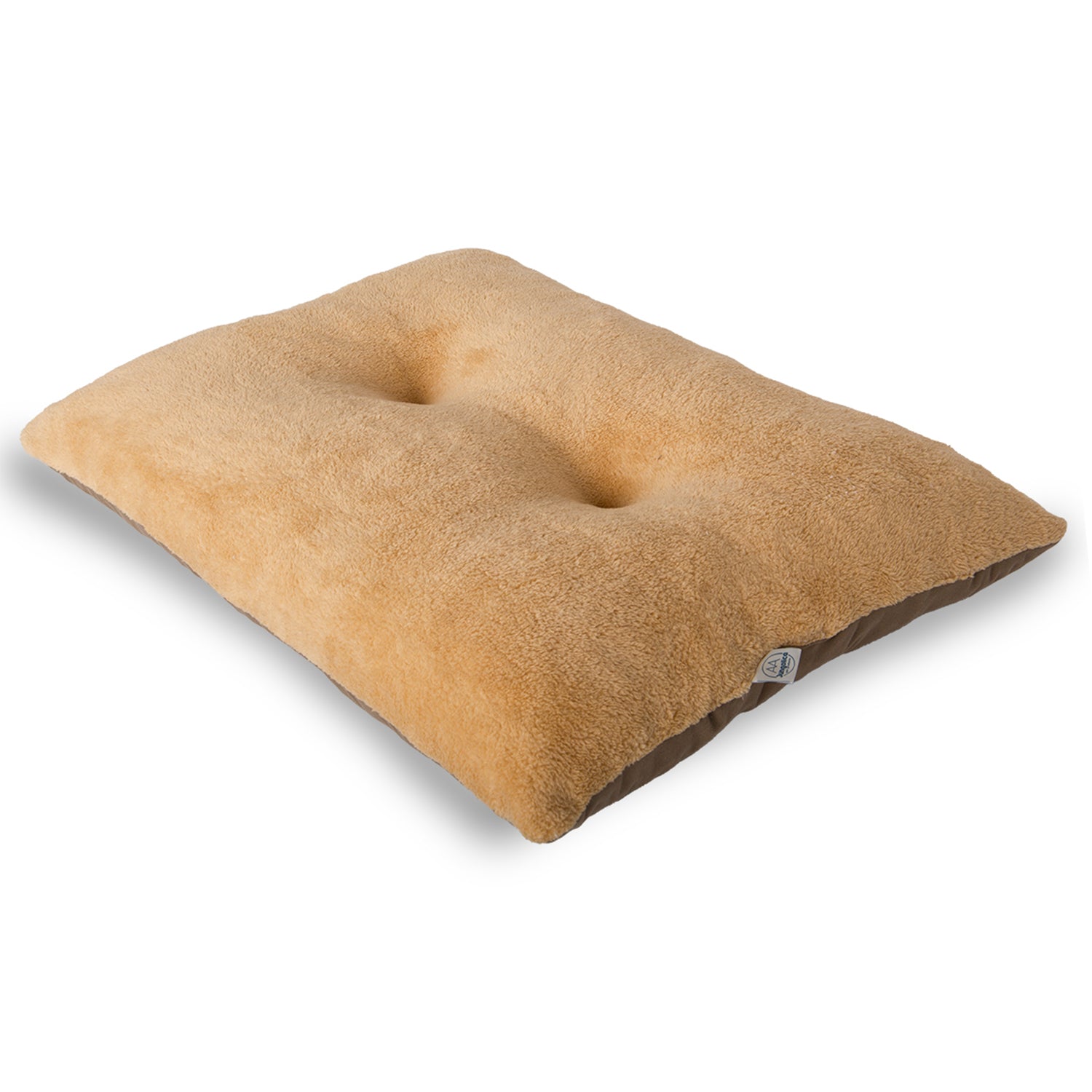 Soft rectangular brown cushion with plush fabric and tufted design on white background