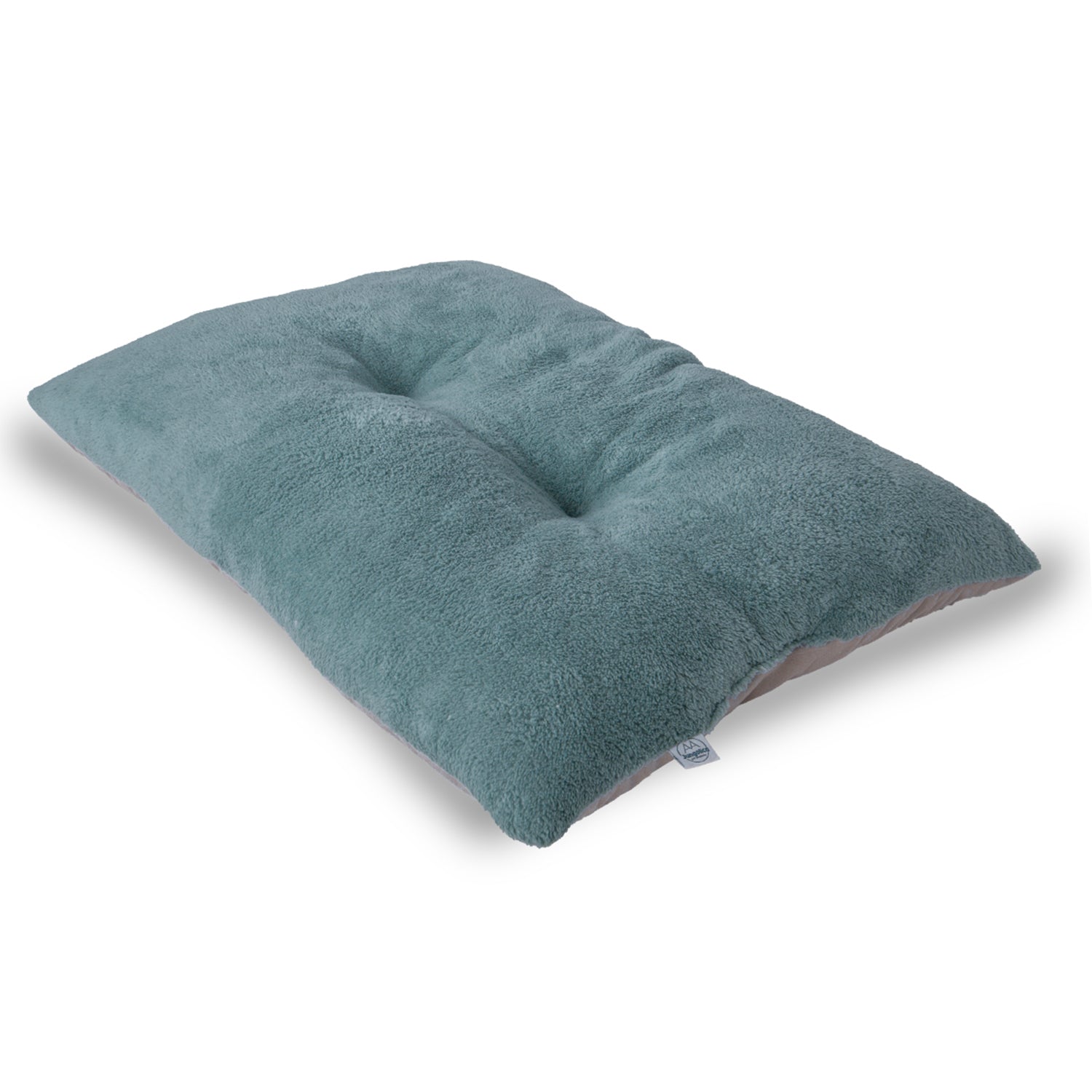 Soft turquoise and grey rectangular cushion with plush texture on a white background