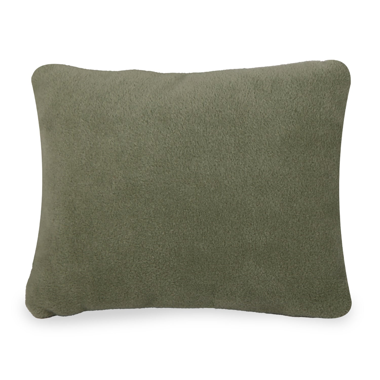 Rectangular olive green fleece cushion against white background