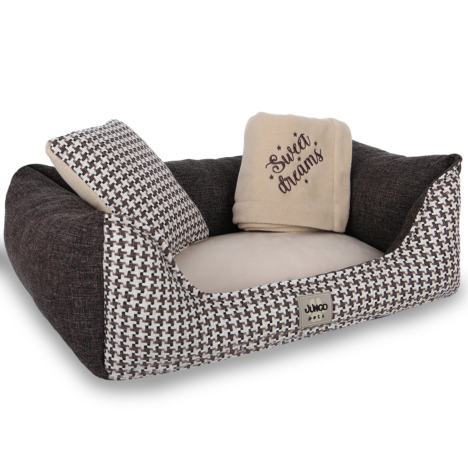 Brown and beige houndstooth pet bed with cushion and a blanket reading Sweet Dreams