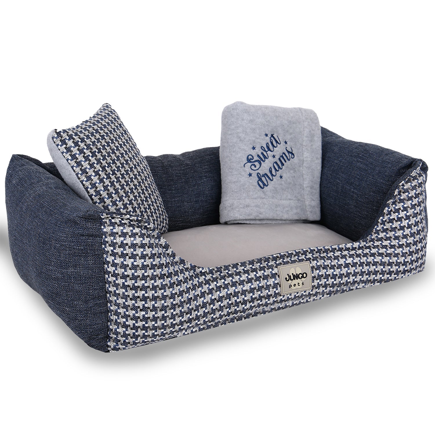 Blue houndstooth dog bed with matching pillow and grey blanket featuring 'Sweet dreams' text