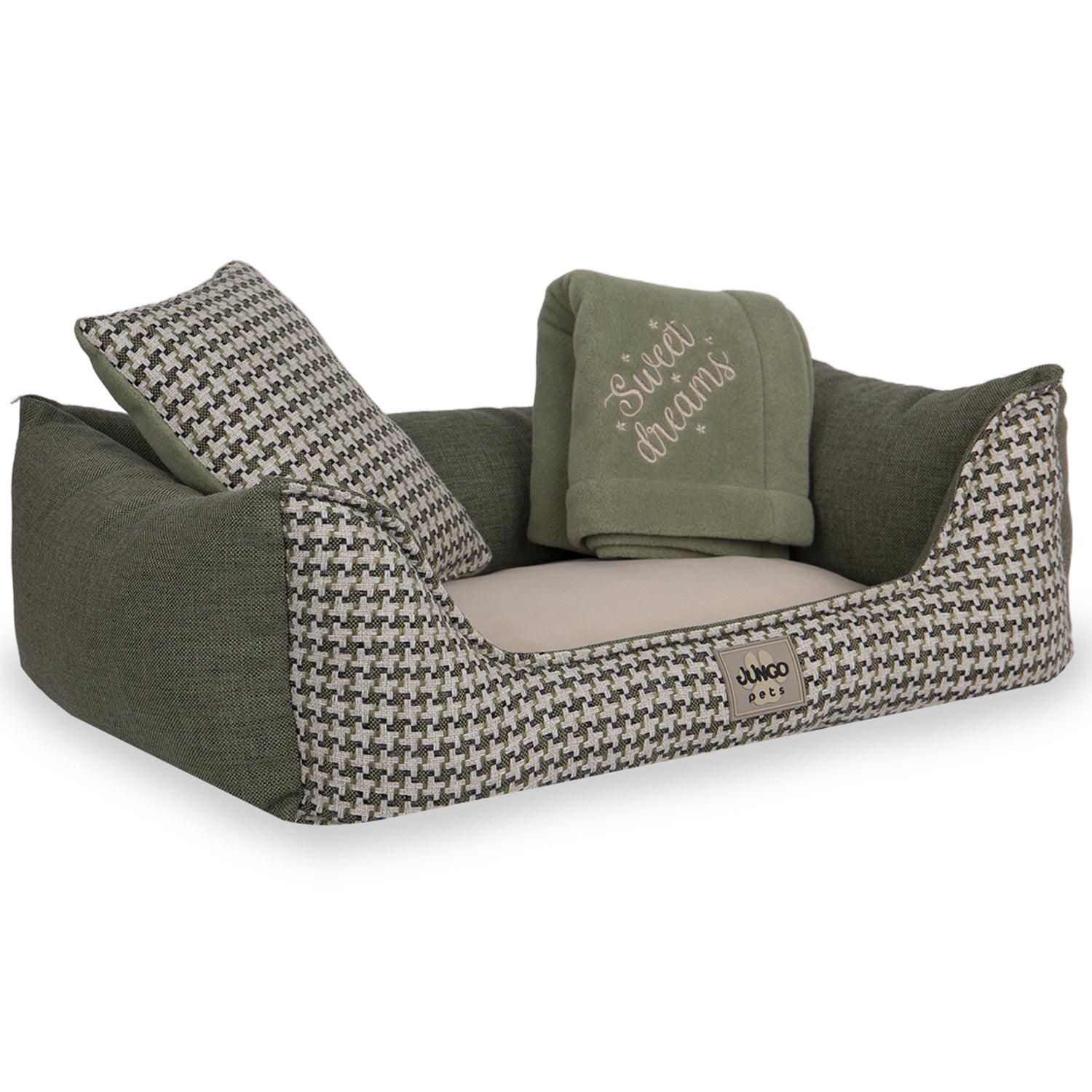 Green textured pet bed with matching pillow and blanket, cozy and stylish design.